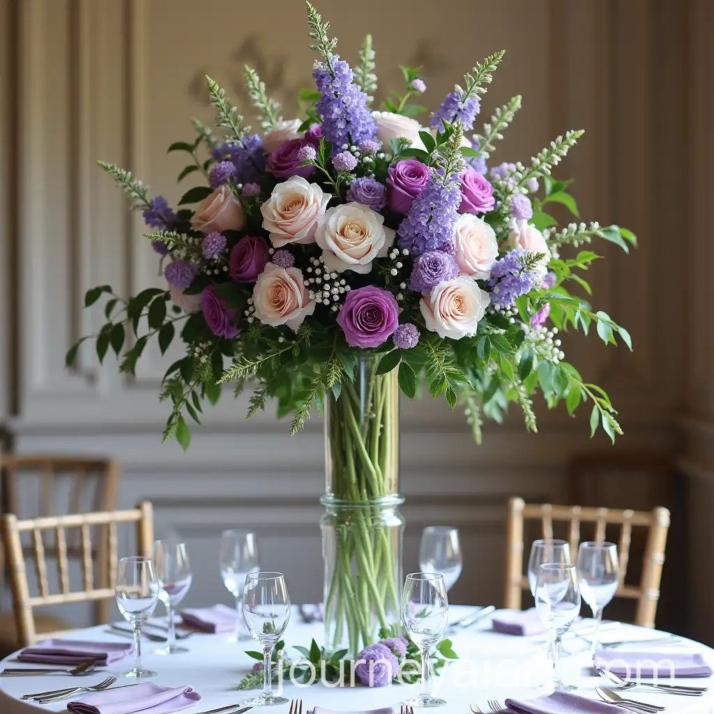 Elegant-Wedding-Table-Centerpiece-with-Tall-Floral-Arrangement-in-Purple-Lilac-and-Greenery