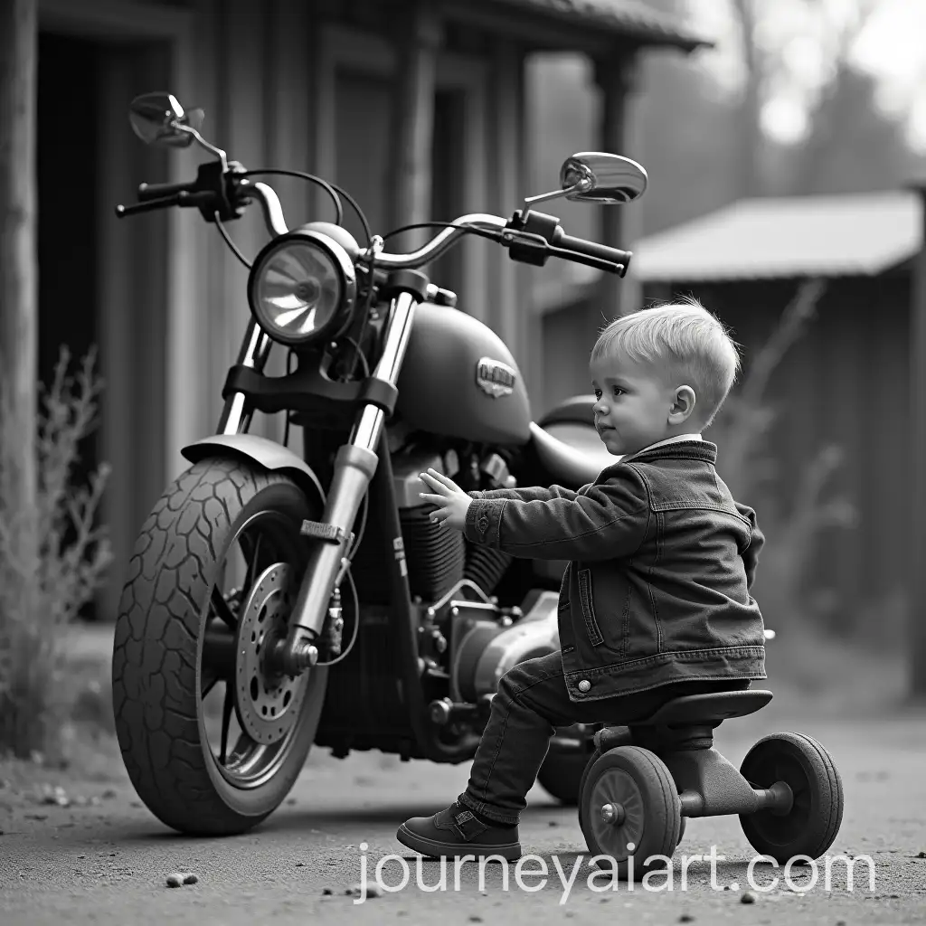 Young-Boy-on-Tricycle-Stops-Beside-Harley-Davidson-Motorcycle