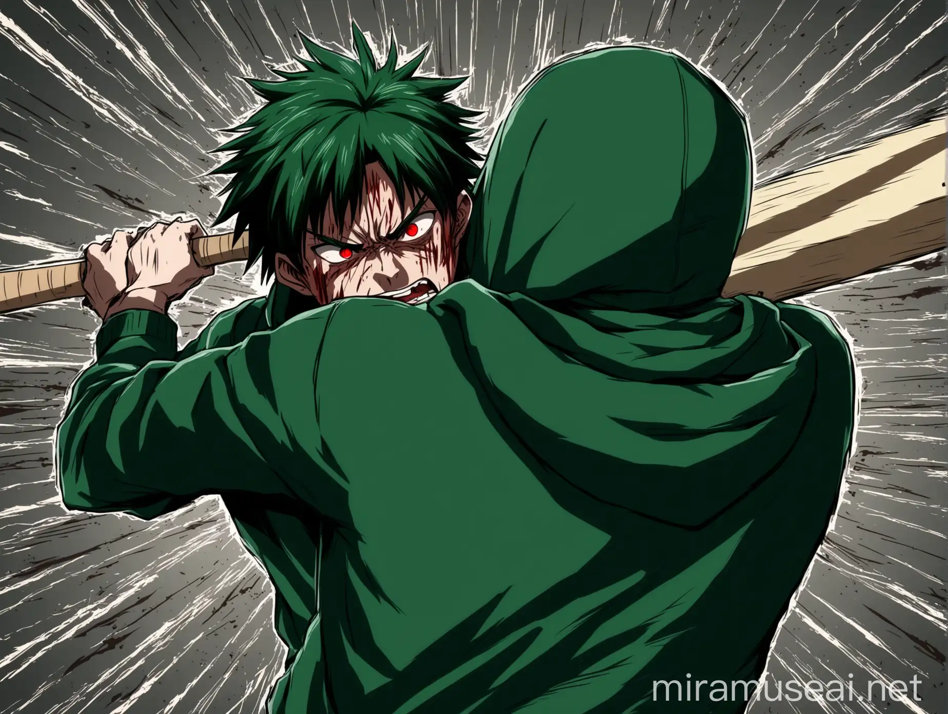 Anime Male Character Being Attacked by Dark Green Hoodie Character with Baseball Bat