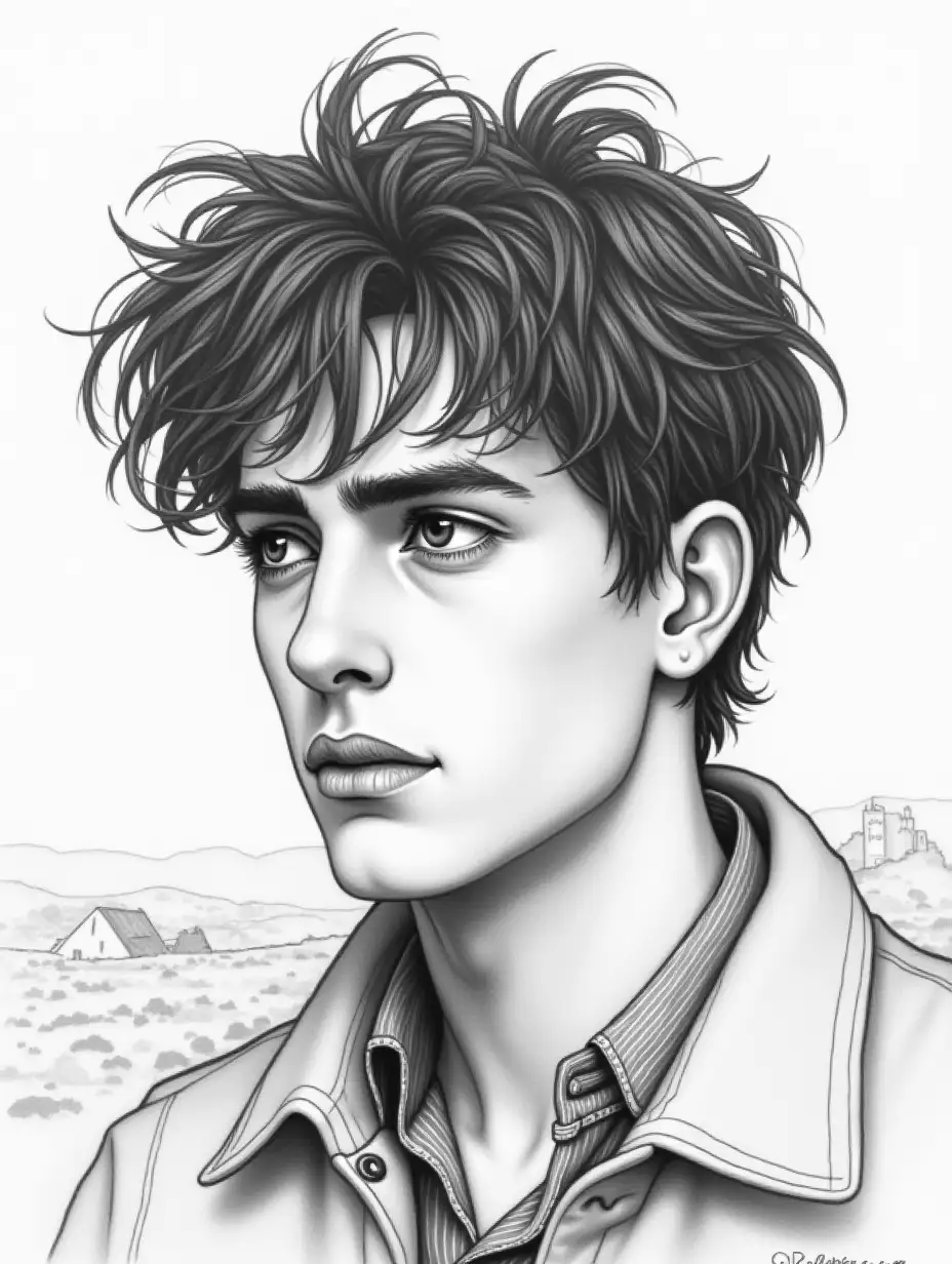 A finely detailed pencil sketch of a 26-year-old man with dark, tousled hair, gazing into the distance with a deeply emotional expression. His glossy eyes, on the verge of tears, are brought to life with delicate cross-hatching and soft highlights. His lips are slightly parted, and his face shows a quiet, reflective vulnerability. The folds of his shirt and jacket are rendered with intricate precision. The desert-like background is lightly suggested with subtle pencil strokes, creating a contemplative atmosphere that complements his mood.