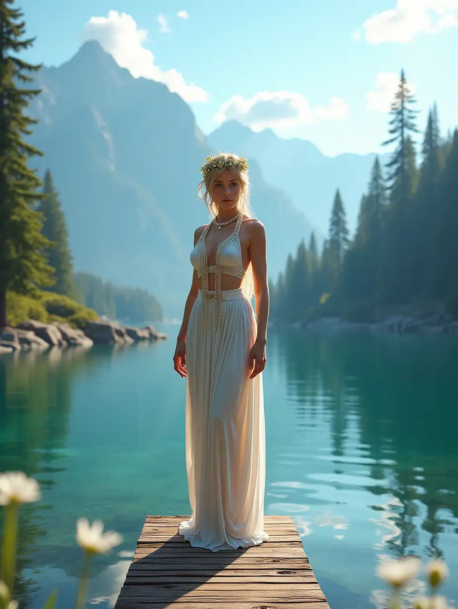 A clear, reflective mountain lake surrounded by lush pine forests and towering peaks. The surface of the lake is perfectly still, mirroring the surrounding landscape with crisp detail. The sky is clear and blue, with a few fluffy white clouds drifting overhead. A small wooden dock extends into the lake, inviting quiet contemplation.full body image of Aphrodite, Greek mythology, Aphrodite, illuminated, surrounded by flowers and pearls, representing beauty and love, photo realistic beautiful women . full body image. standing women , innocent young body, one piece character, symmetric body, full body, extremely detailed, cinematic lighting, high contrast, high dynamic range, character concept art, background love , Hyperrealistic beautiful woman wearing intricately detailed colorful clothing and futuristic jewelry,female dressed as aphrodite, greek goddess, roman empire in background, full body visible, looking at viewer, photography, detailed skin, realistic, photo-realistic, 8k, highly detailed, full length frame, High detail RAW color art, diffused soft lighting, shallow depth of field, sharp focus, hyperrealism, cinema