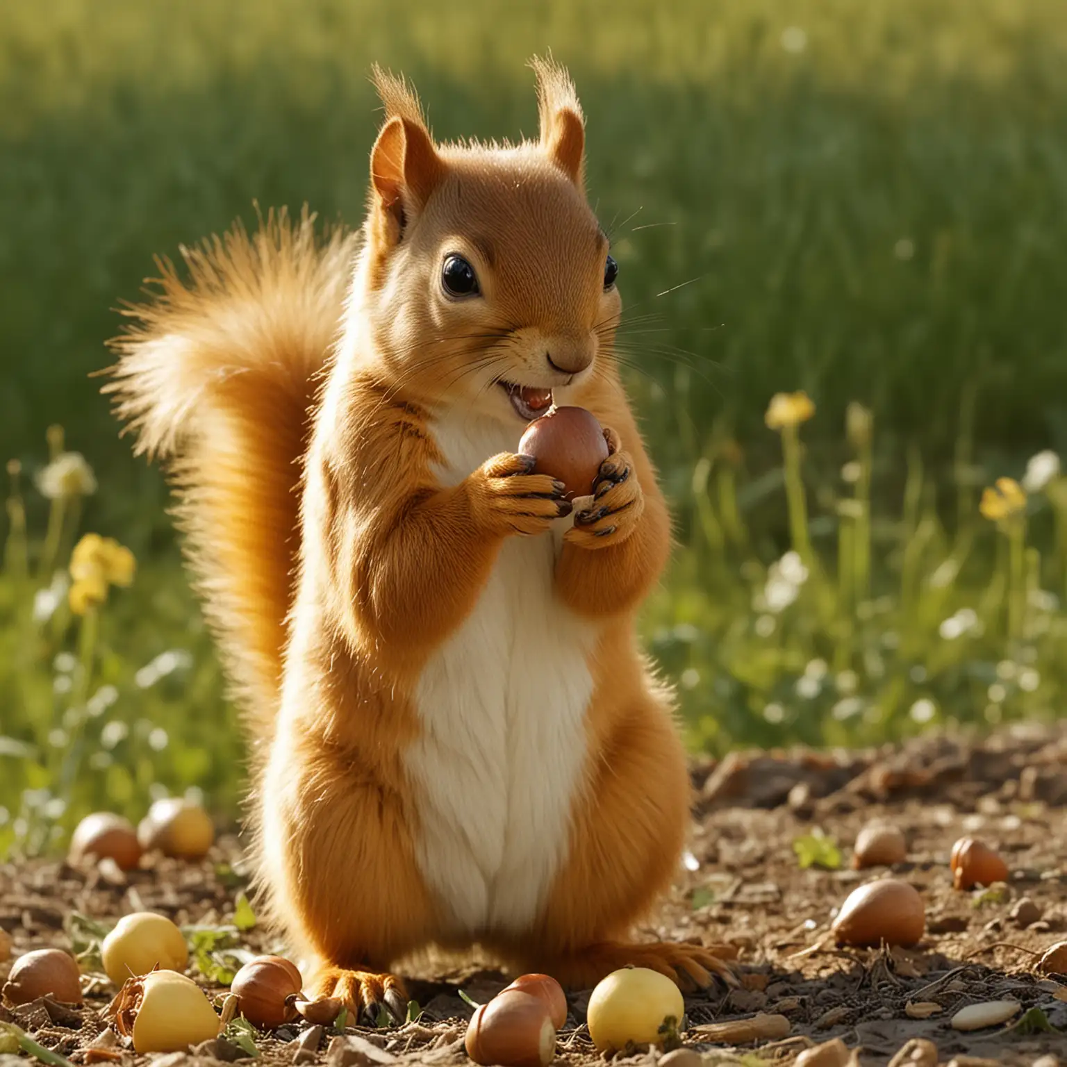 Fantasy Movie Still Buttercup Squirrel Eating Acorn in Vibrant Field
