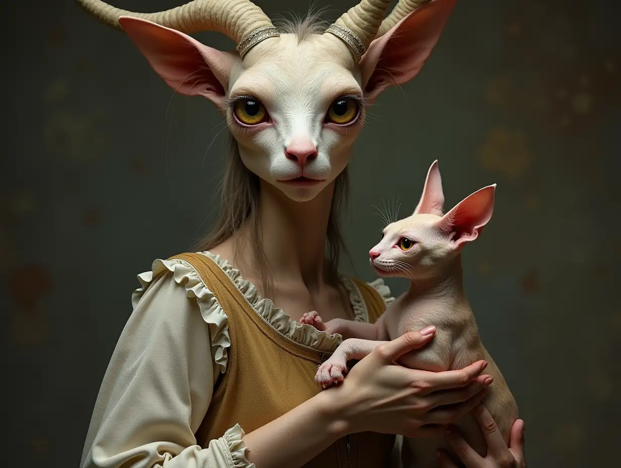 a girl's body with a goat's face holds a sphinx cat in her hands