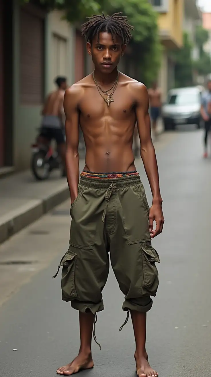 Shirtless, Brazilian, Aggressive, Gangsta, Small Nose, Corn Rolls, Skinny, Short Stature, Arms, Stomach, Shoulders, Rolled Cargo Pants, Bare Feet, Rio de Janeiro Brazil, Rio Streets,