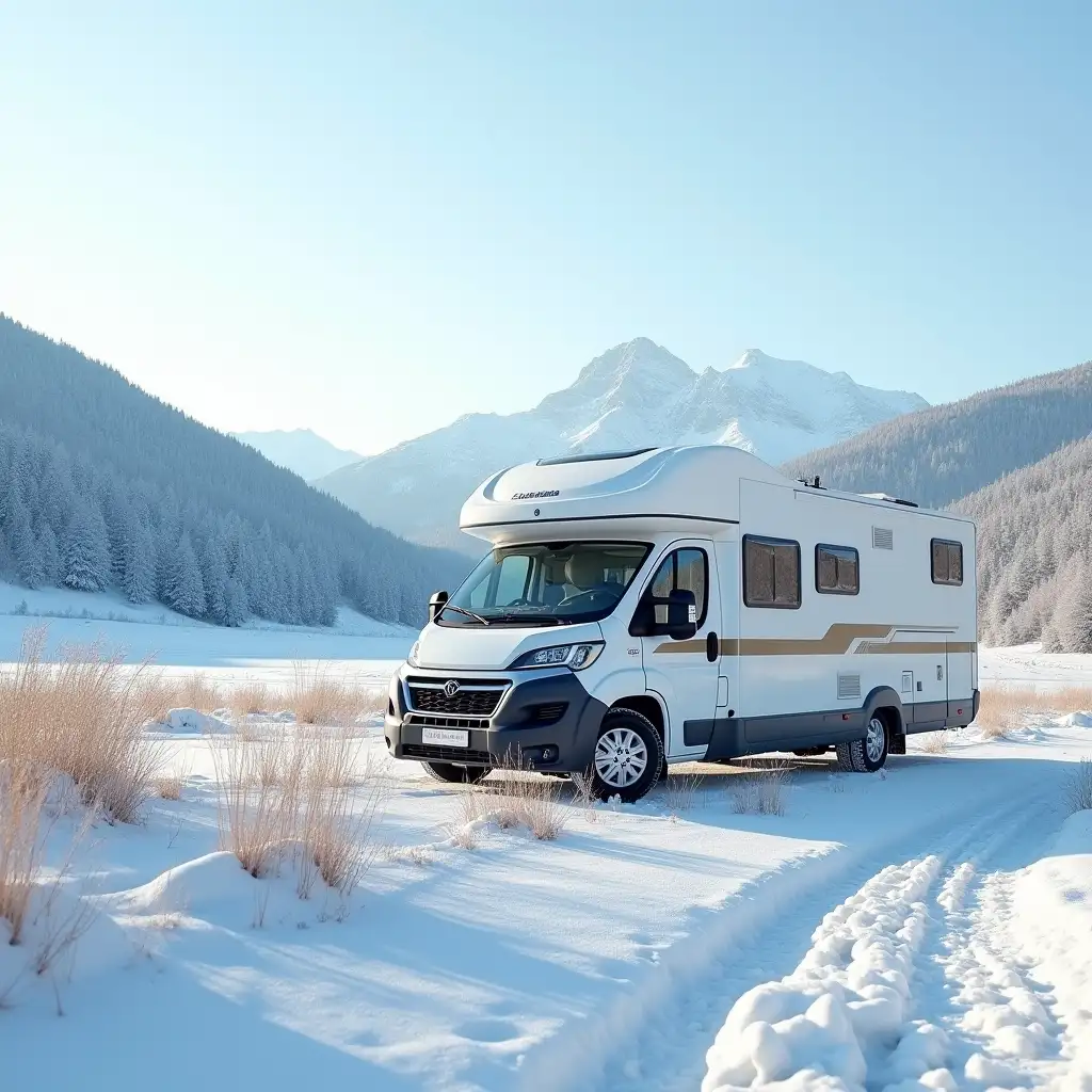 Winter-Camper-Van-with-Awning-in-Snowy-Mountain-Landscape