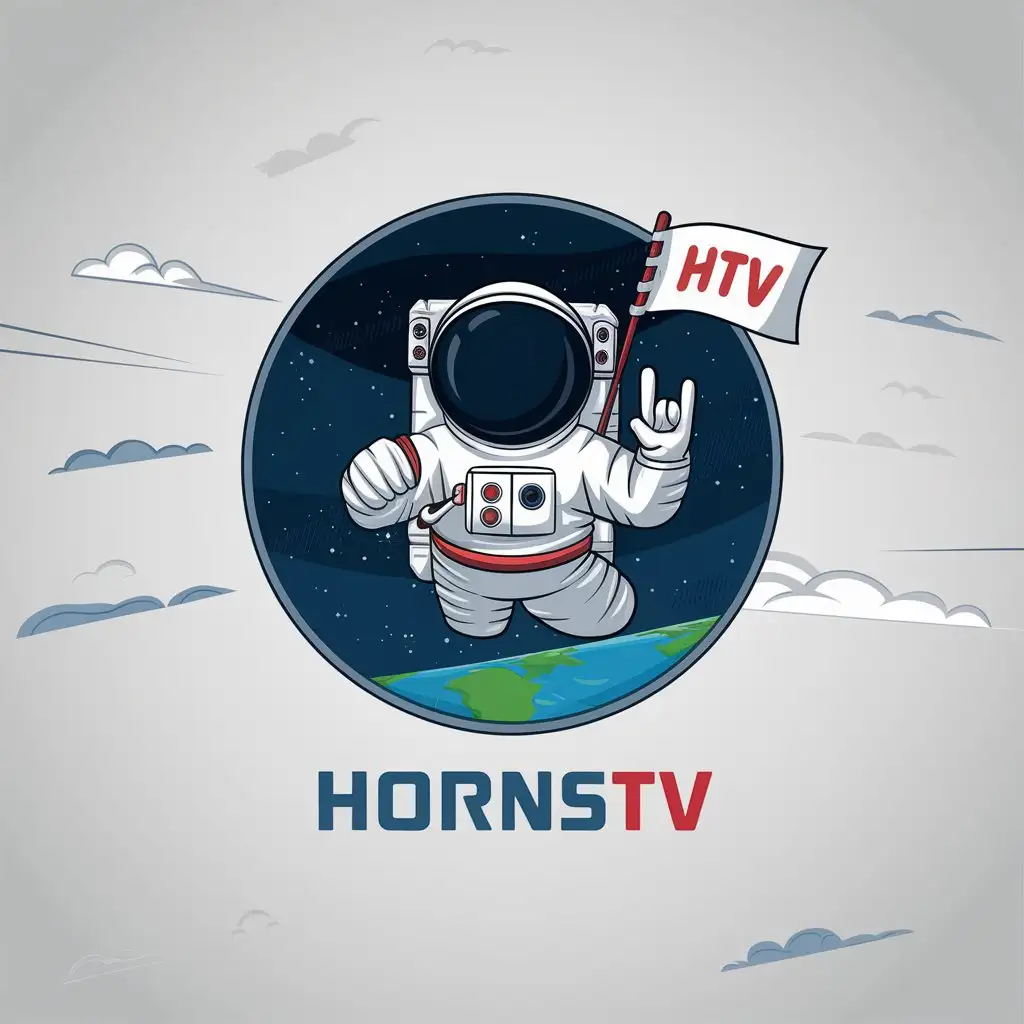 LOGO Design for HornsTV White and Red Flag with Astronaut Making Rock On Gesture