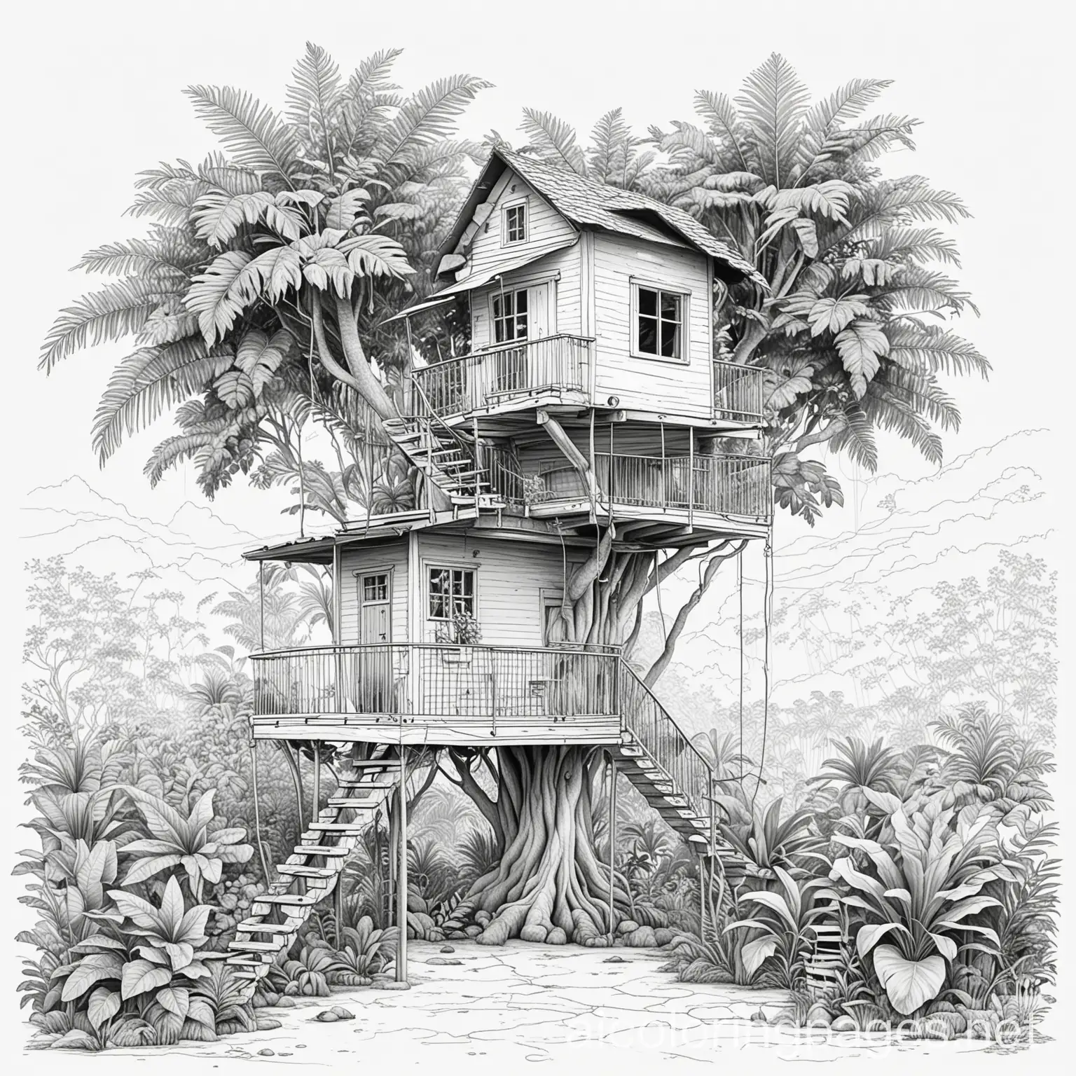 Simple-Line-Art-Coloring-Page-of-Tropical-Tree-House