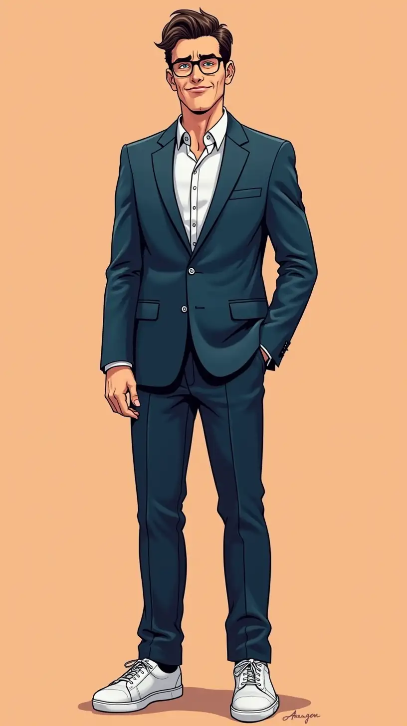 Comic Book Style Clever Man in Suit with Closed Mouth Smirk