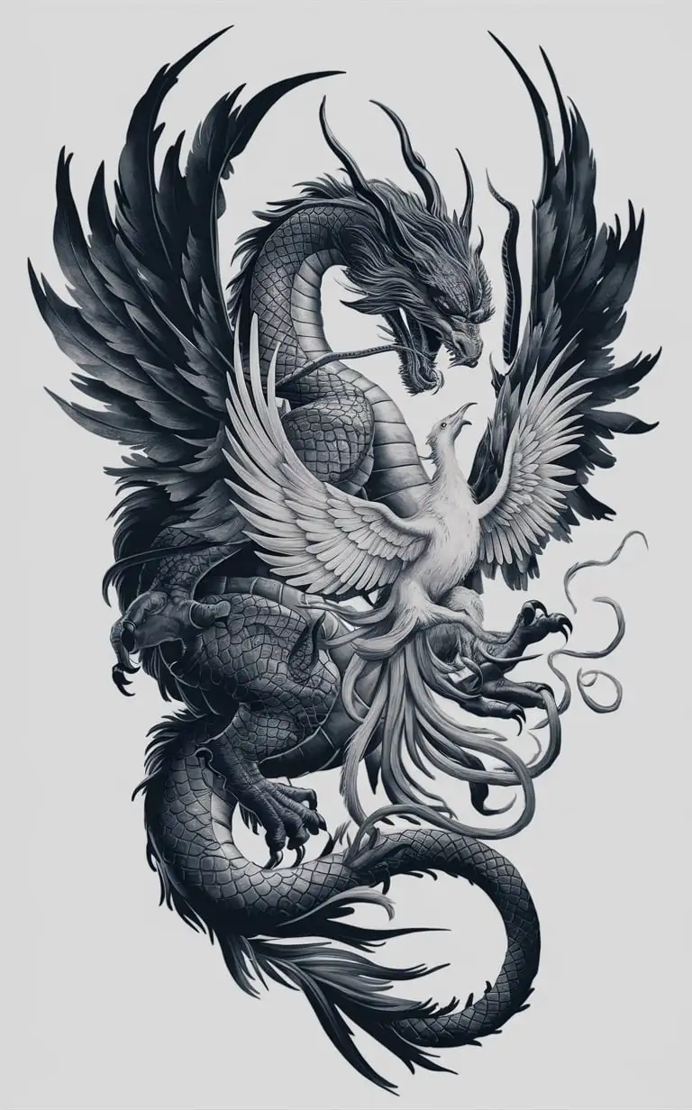 HyperRealistic Irezumi Art of Dragon and Phoenix on White Background