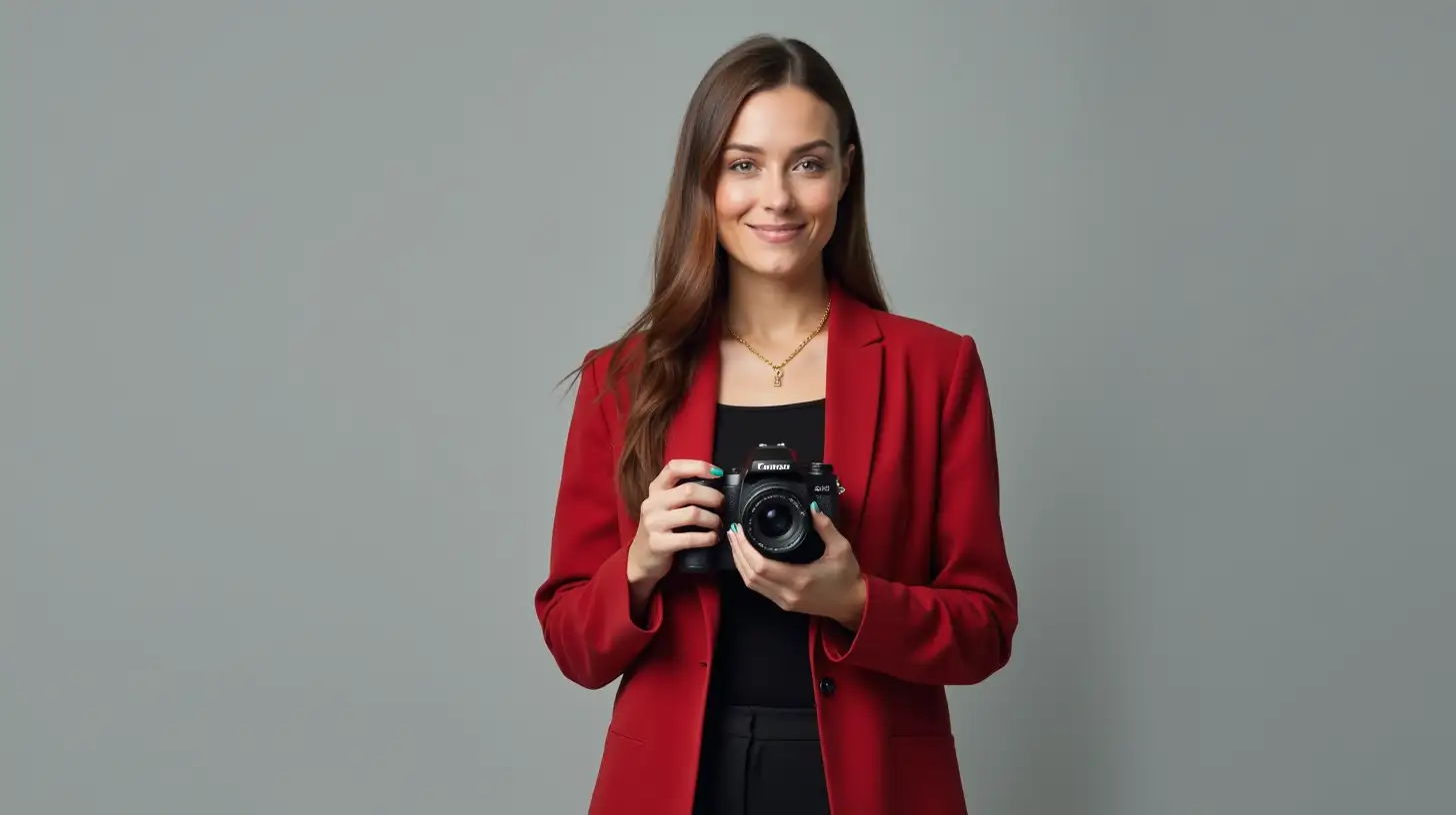 Pale Woman with Long Brown Hair in Red Blazer Holding Camera Against Gray Background