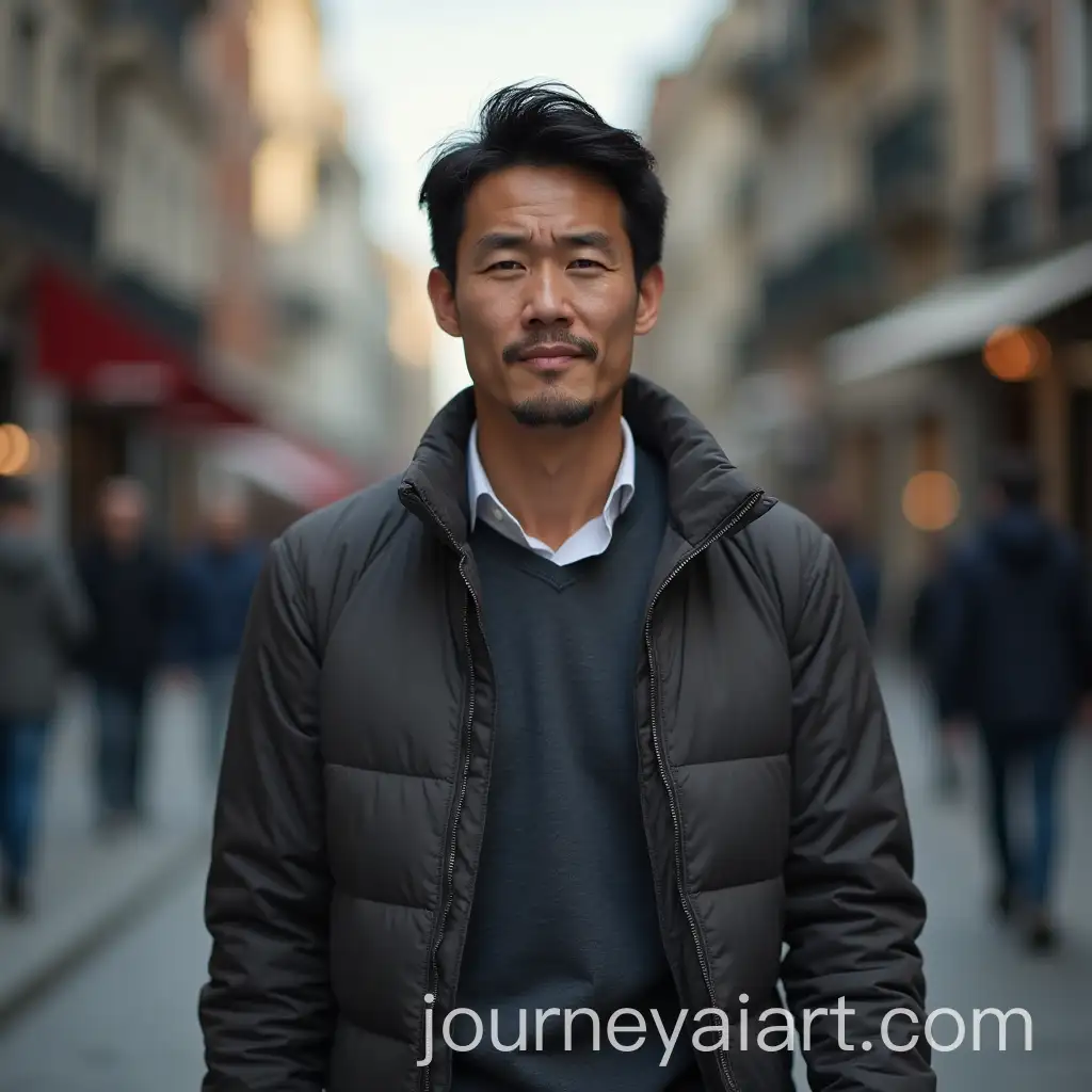 Asian-Man-Walking-on-the-Street-with-a-Struggling-Expression