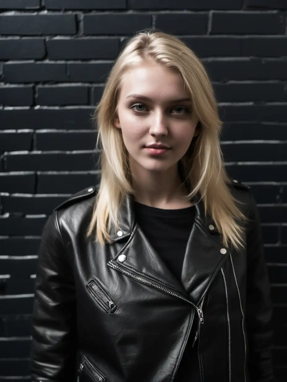 tall blonde girl wearing leather jacket standing in front of black wall, close up