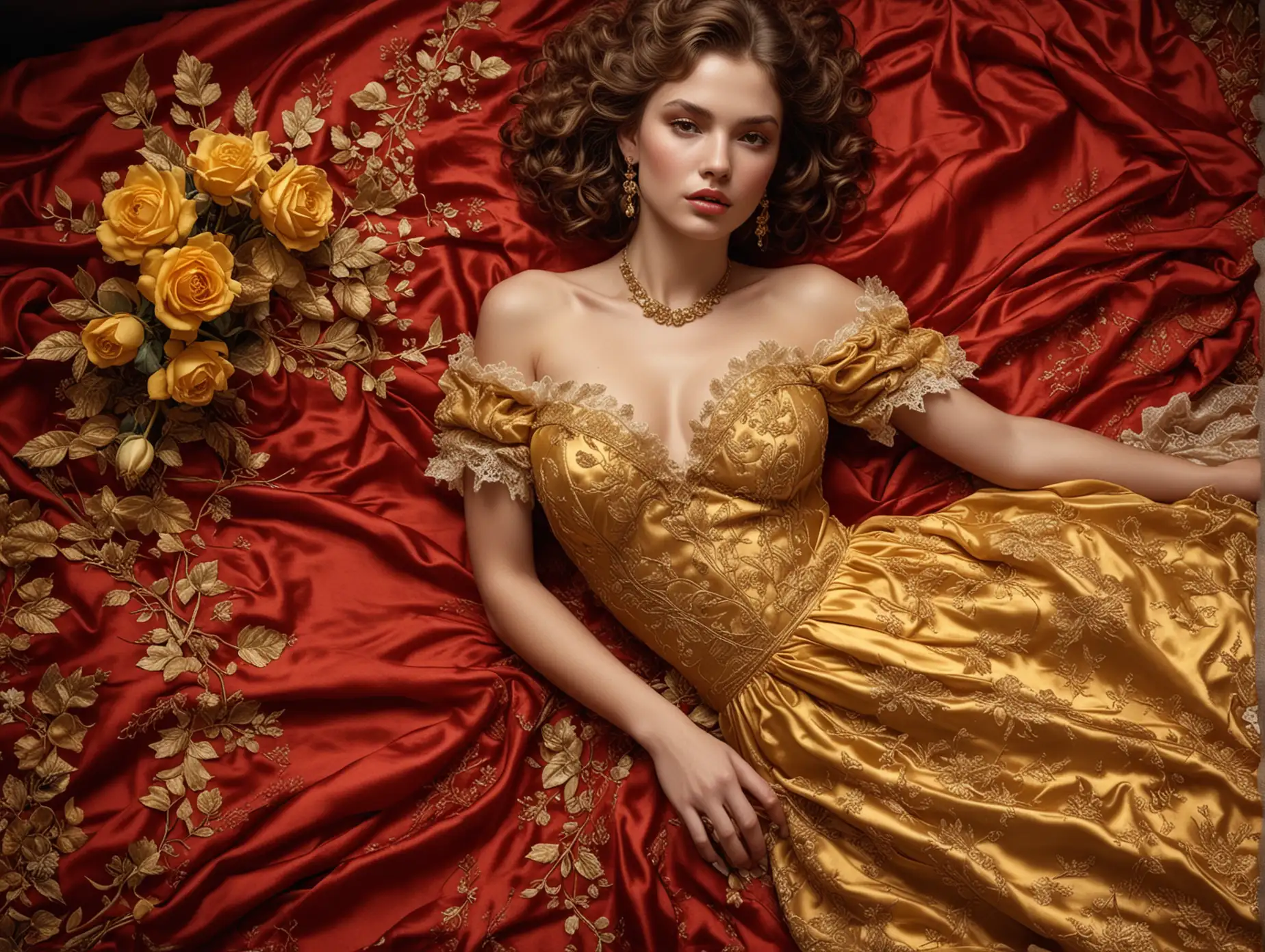 Styled, high-fashion photograph featuring a woman lying on a luxurious red satin fabric. She has a light to medium skin tone, dark hair styled in loose curls, and is wearing a golden yellow, intricately designed gown with lace details. Her facial expression is relaxed, with a slight smile. A single white rose lies beside her. The image has a rich, opulent feel, with the contrast between the red fabric and the golden dress creating a striking visual.   in the style of kerem beyit, david mann, dmitri danish, Vittorio Matteo Corcos, Rolf Armstrong, hyperdetailed