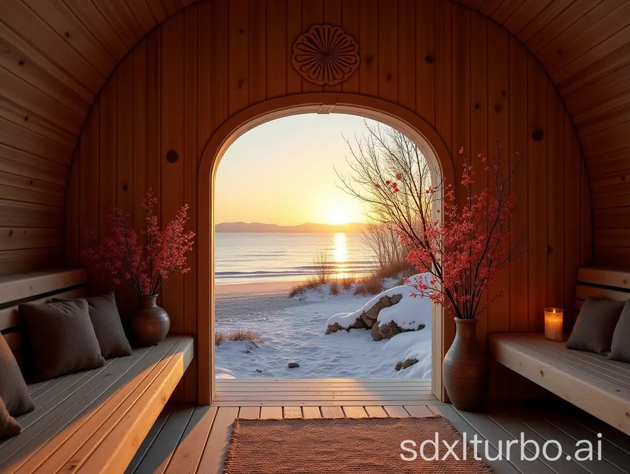 Inside a wooden nordic sauna adorned with runic symbols , dried flowers, red berries, winter nordic atmosphere, sunset, carved arch opening on a nordic beach