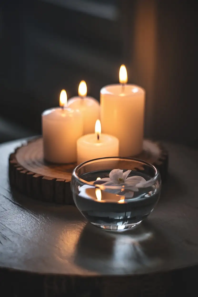 A dimly lit, close-up shot of a small wooden table acting as a mini altar. Three small, white unscented pillar candles of varying heights are placed on a rustic wooden coaster. The flames are gently flickering, casting warm, soft light. In front of the candles, a small, clear glass bowl filled with water reflects the candlelight, creating shimmering patterns. A single, delicate white jasmine flower floats in the water. The background is dark and out of focus, emphasizing the warm glow of the candles. The mood is tranquil and intimate.