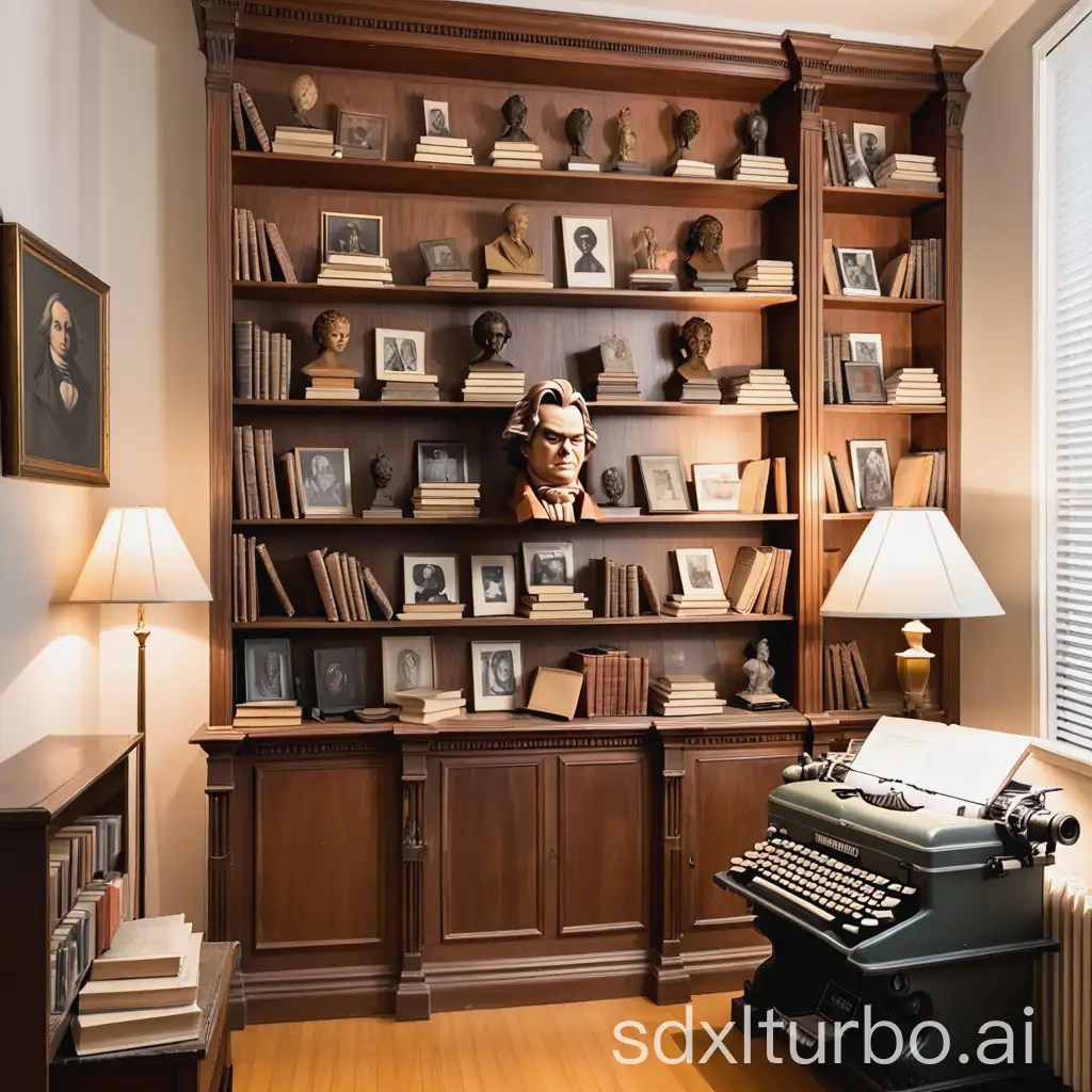 A wooden bookcase taking up the entire wall, filled with books, a bust of Beethoven on the shelf, a lamp on the shelf, an old typewriter on the shelf