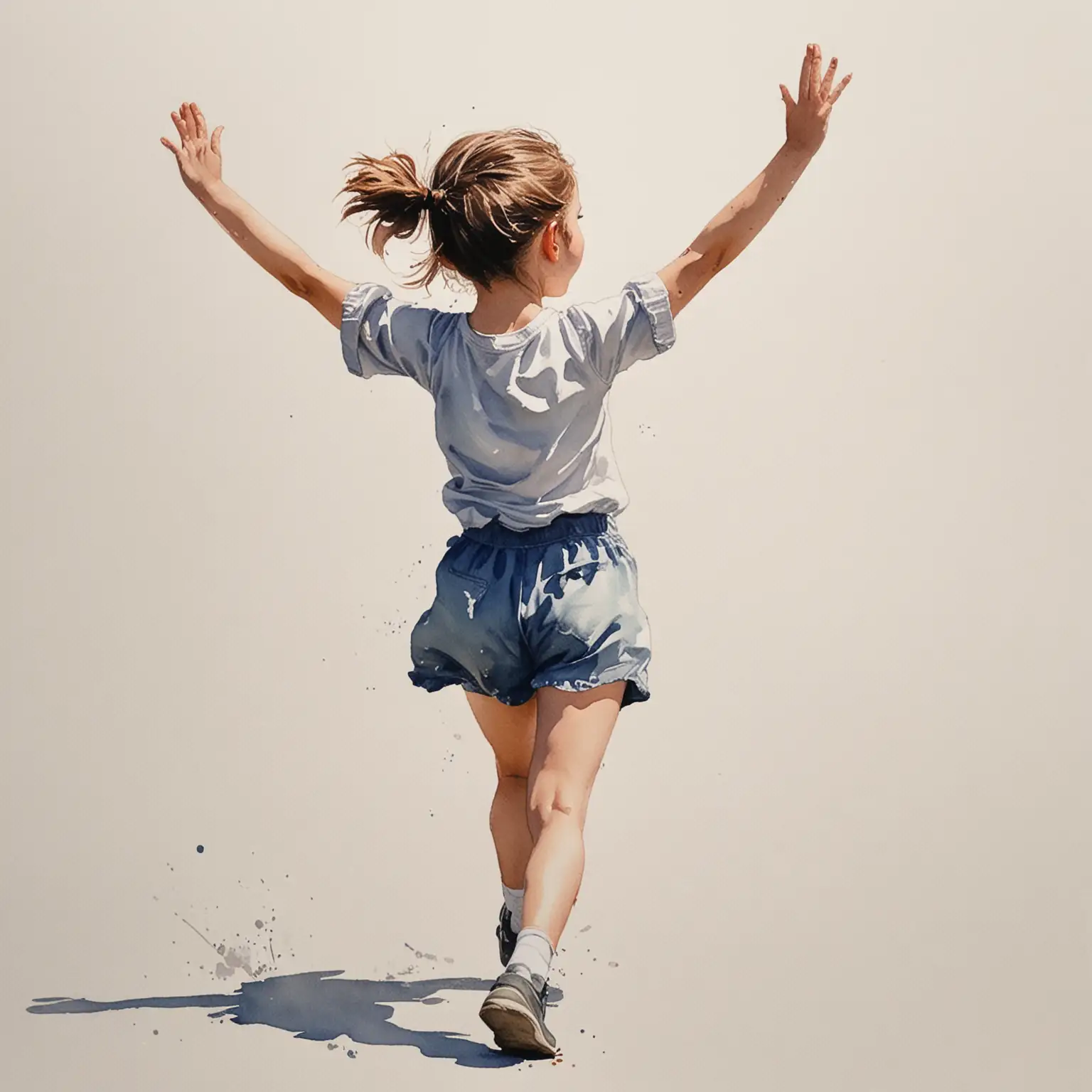 Young Girl Running with Raised Arms in Watercolor Perspective