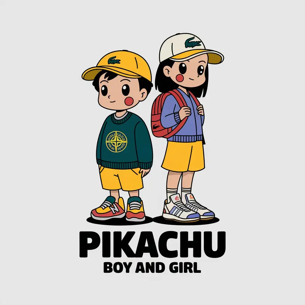 a vector logo design,with the text "Pikachu boy and girl", main symbol:Boy in new balance sneakers, stone island sweater, Lacoste capnGirl in adidas sneakers, Nike backpack, Lacoste cap,Moderate,be used in Clothing industry,clear background