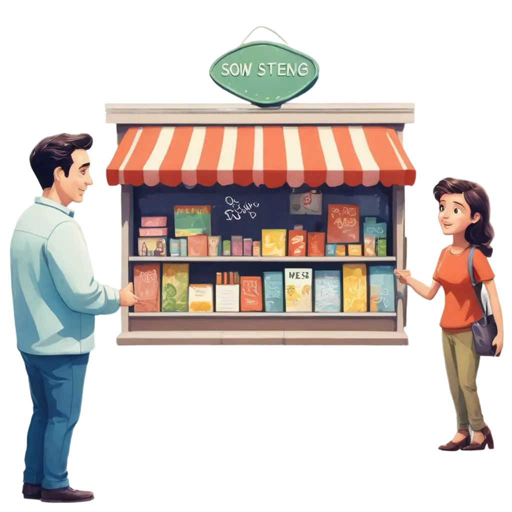 Cartoon drawing of store, Next to him is a man buying something