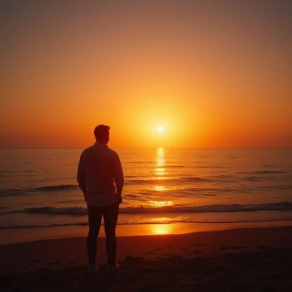 Image silhouette of A man standing watching sunset on the beach