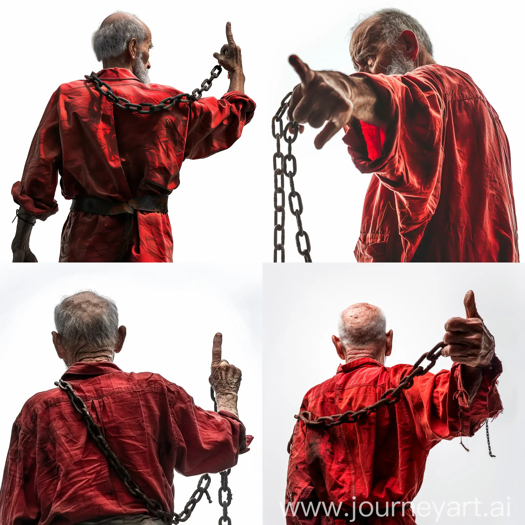 Horrified-Grandfather-Chained-Up-with-Red-Shirt-Pointing-at-the-Camera