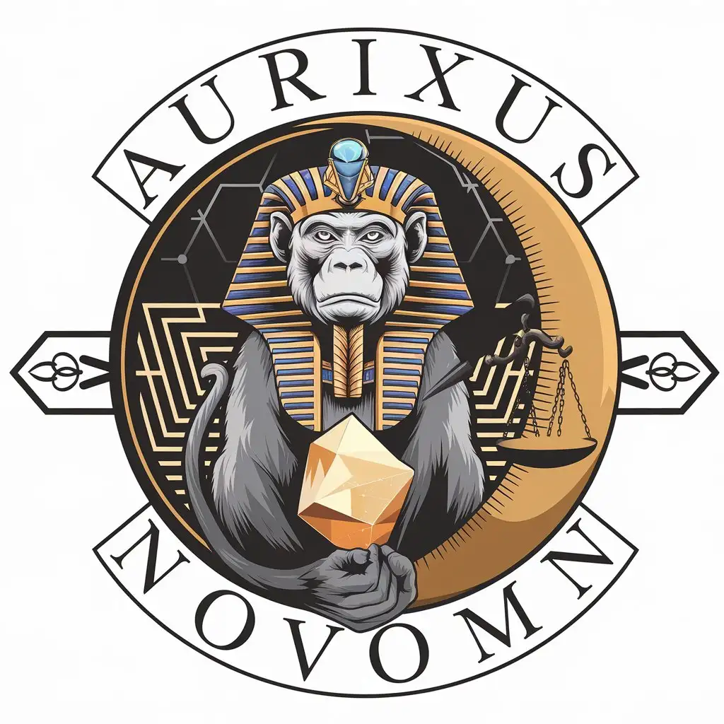 LOGO Design for Aurixus Novomn Baboon with Pharaohs Crown Philosophers Stone Justice Scales Theme for Technology Industry