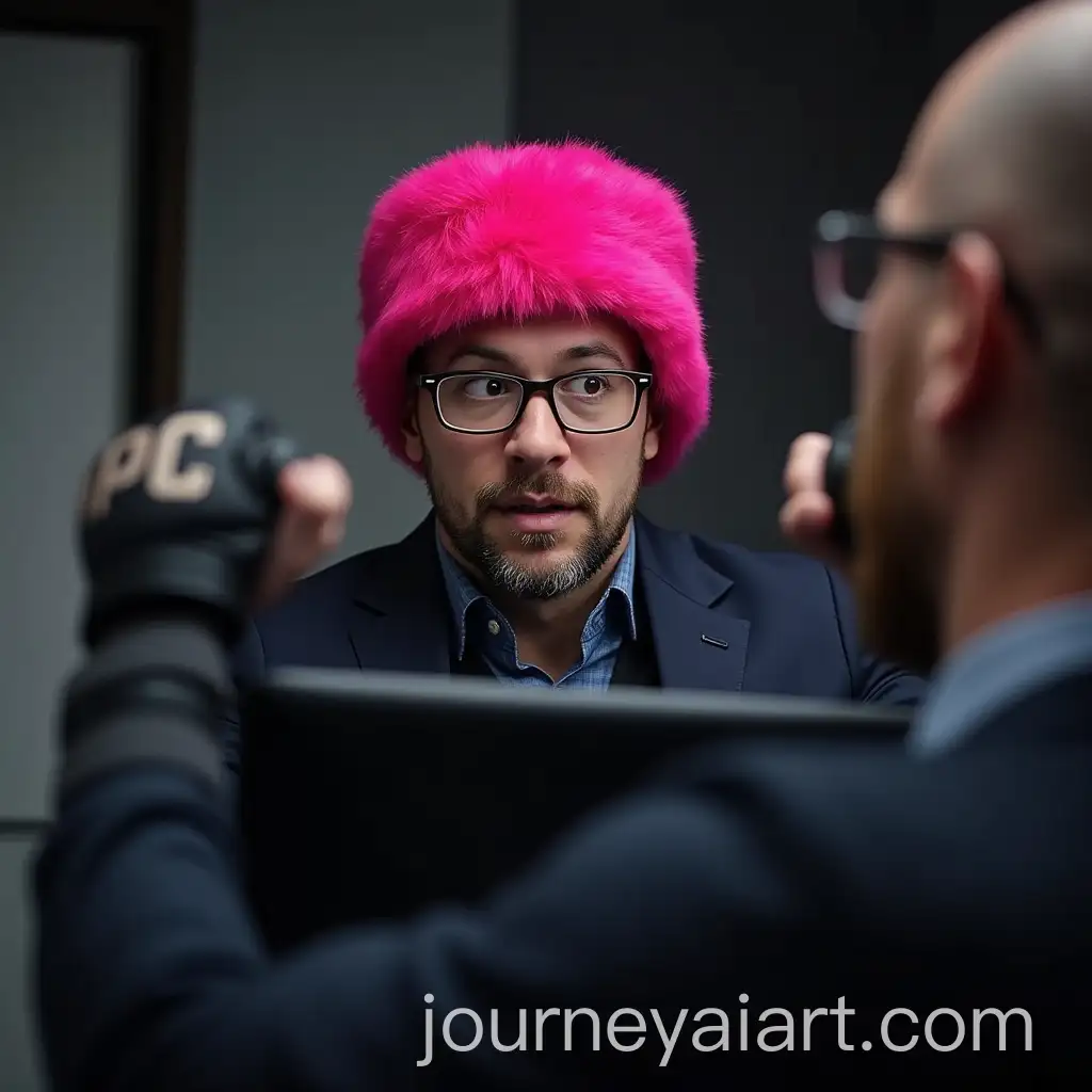 Businessman-with-Glasses-in-Pink-Hat-Practicing-Krav-Maga-Behind-Screen