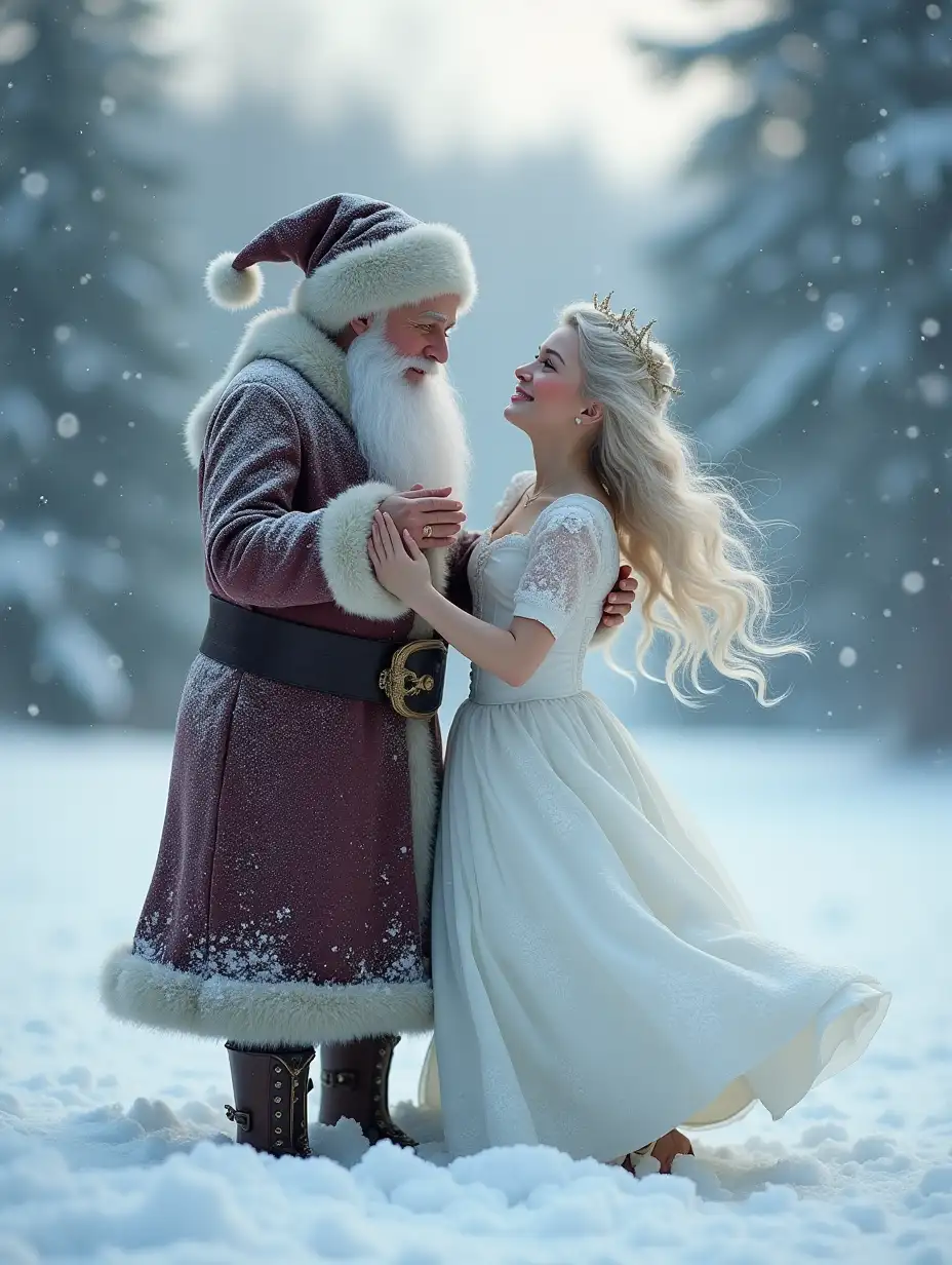 similar to super realistic, like a photo Grandfather Frost dances a slow dance with the beauty Snow Maiden