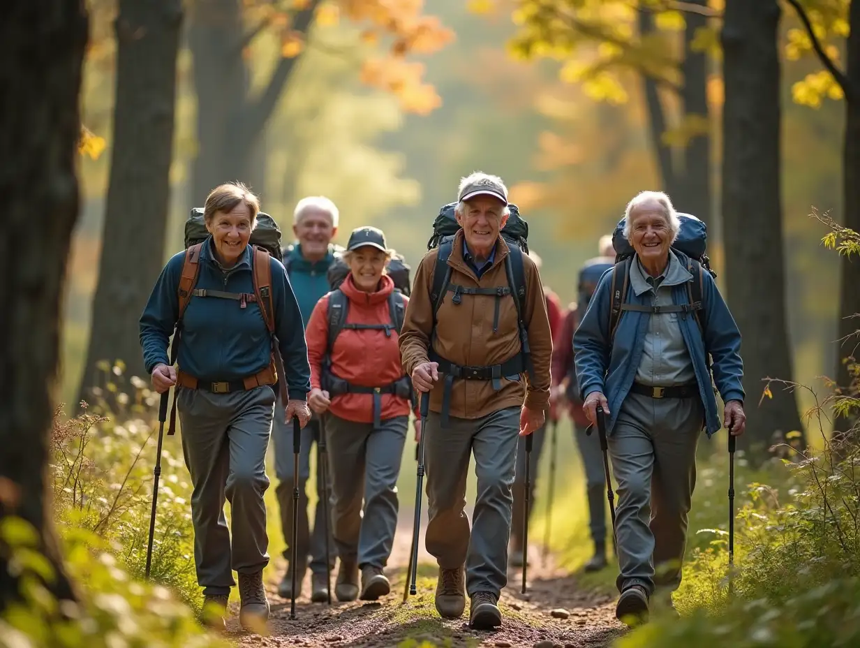 Group of senior trekker walking in to the woods - Elderly people in the forest during hiking day - Fit and healthy pensioners