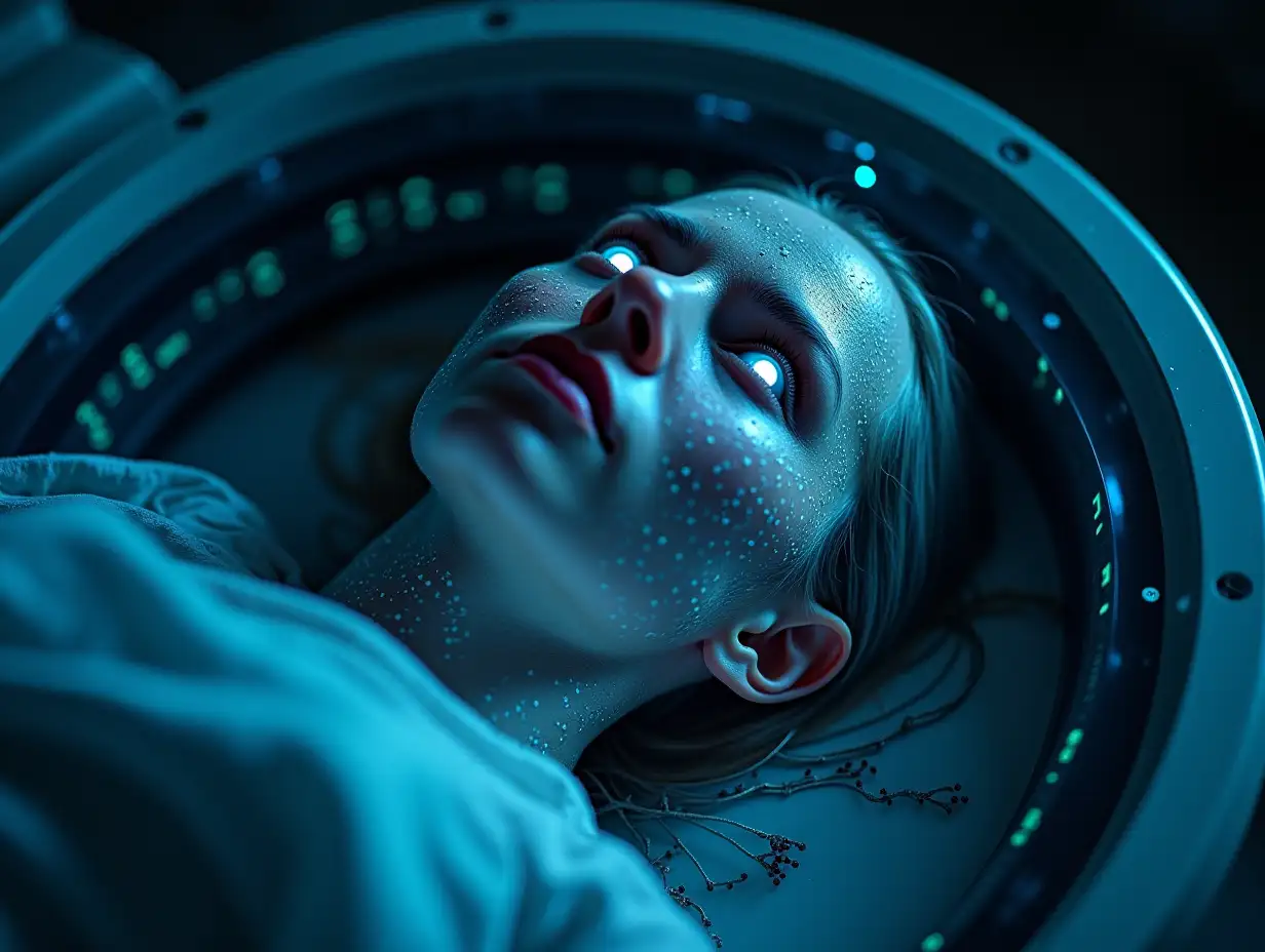 A person is shown lying in a cryosleep capsule that begins to disintegrate. The person opens their eyes, and their pupils start glowing blue. Their skin is covered with thin wires and microchips, which begin to activate. Surrounding them are floating micro-particles and codes representing the connection between past and future. In the upper part of the image there's a logo 'Awakening', made in neon style.