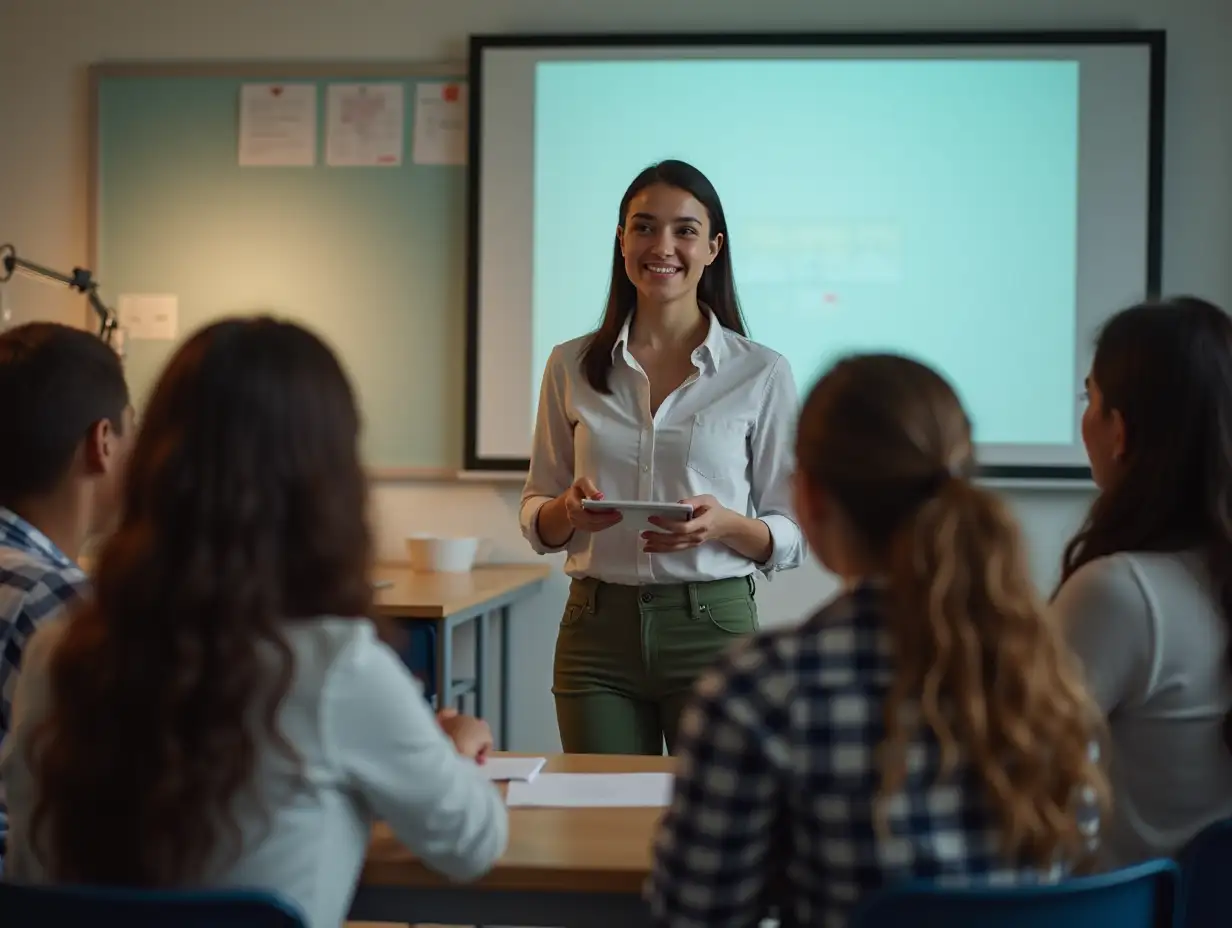 Young-Female-Teacher-Showing-Videos-to-Multiethnic-Group-of-Students-in-School-Classroom