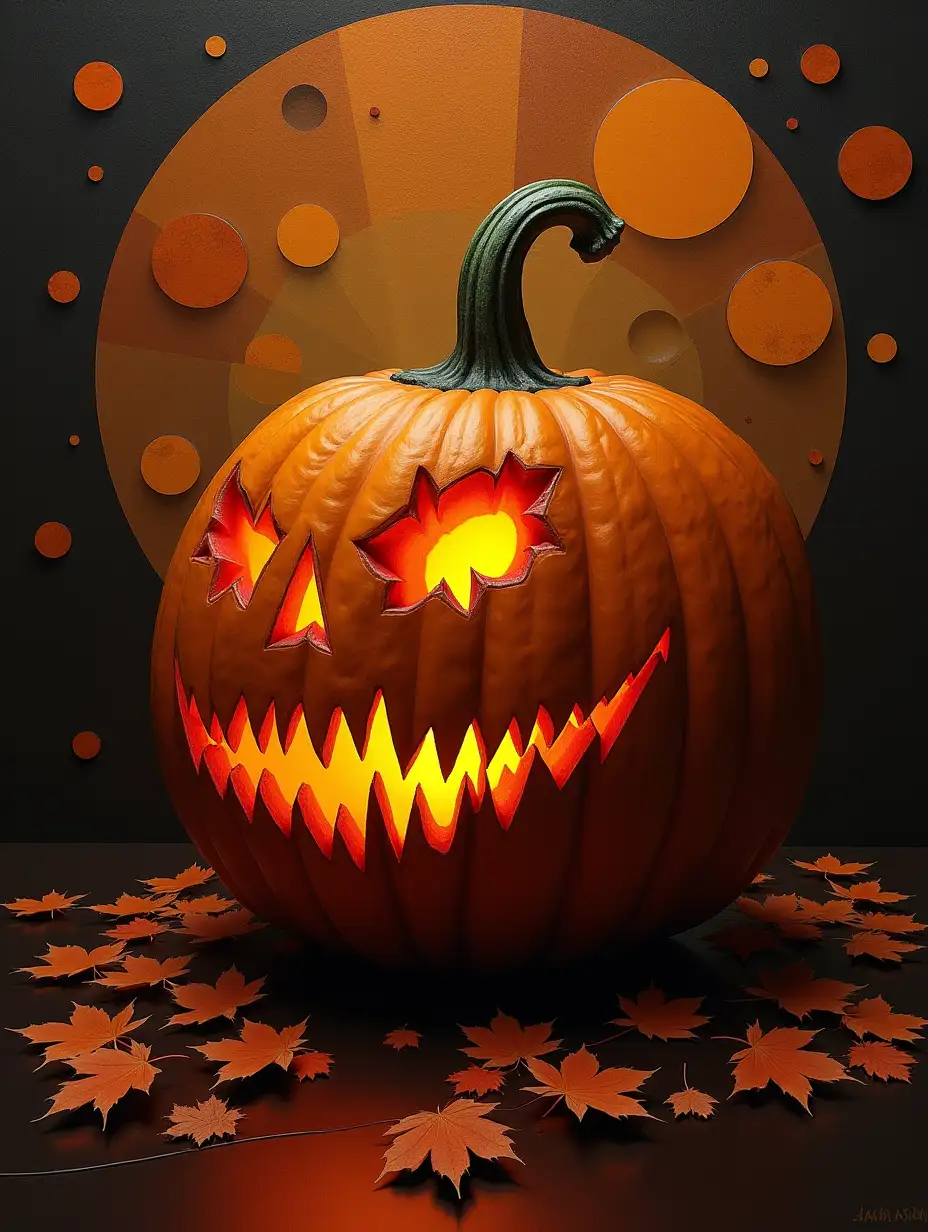 masterpiece, hyper realism, creepy eerie Jack-o'-lantern pumpkin side view, abstract background with geometric shapes, various circles blending, fractal designs, autumn leaves