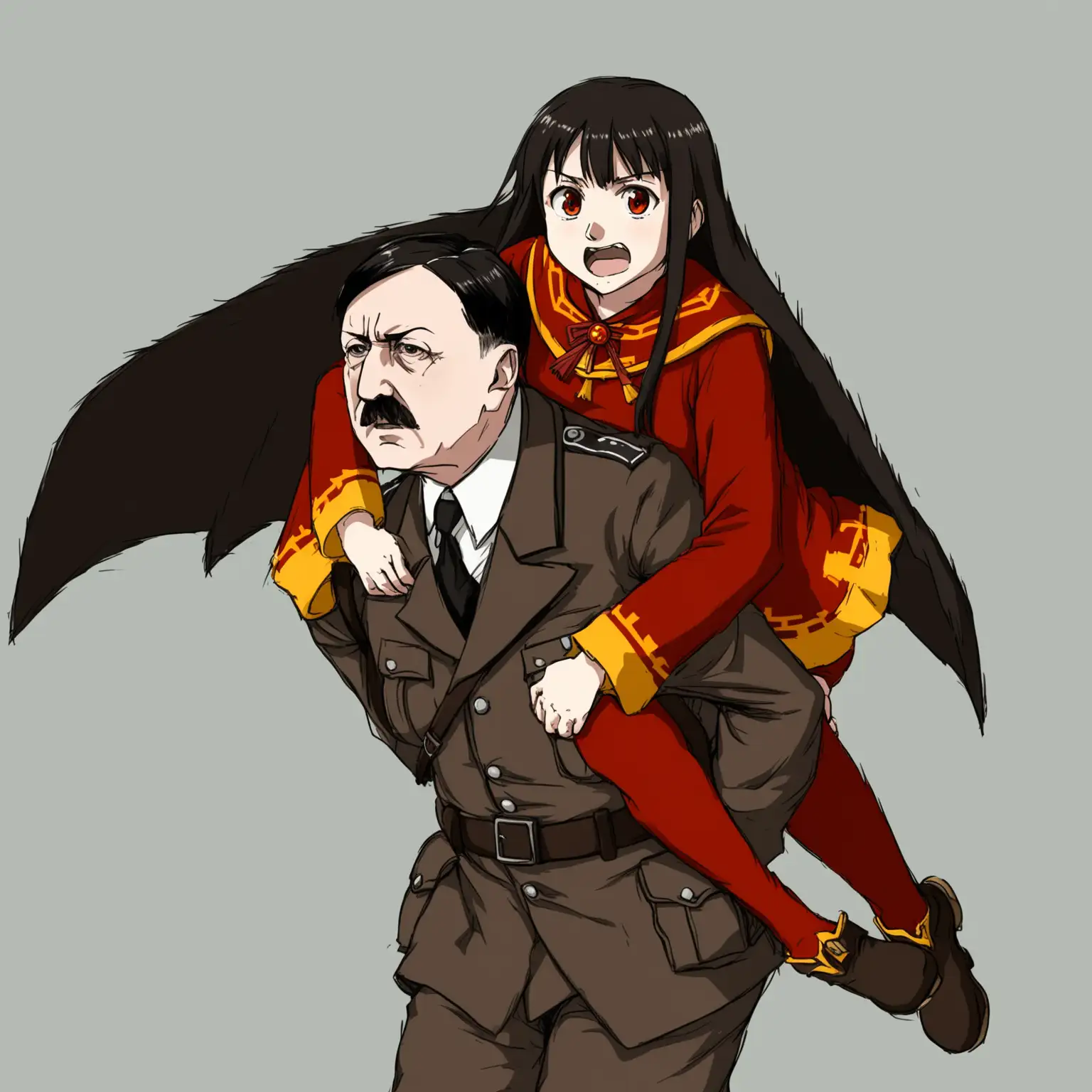 Adolf Hitler carrying Megumin on his back