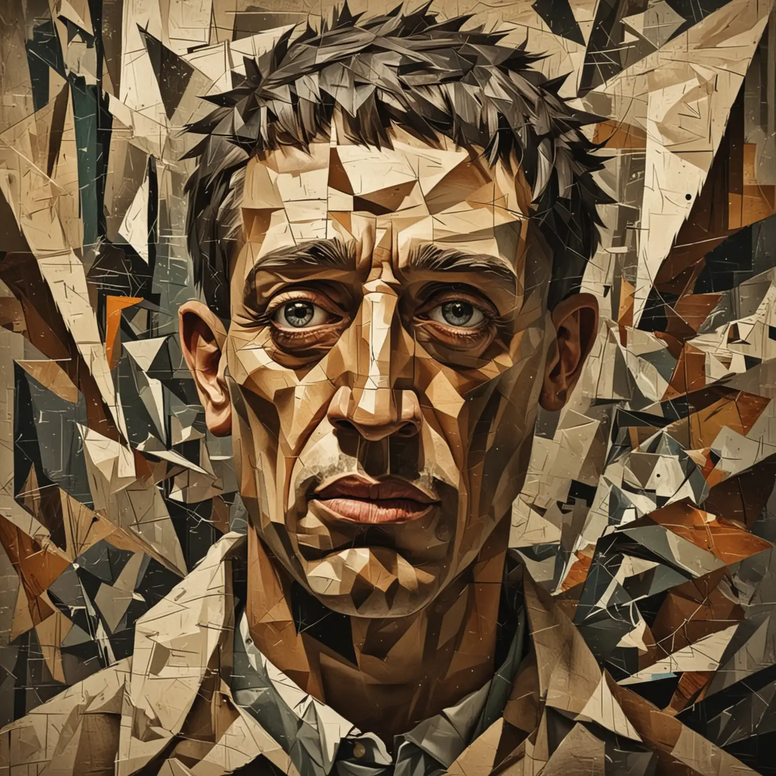 Cubist style of a fragmented man with geometric shapes and abstract forms, set in a dynamic, multi-perspective environment, by Pablo Picasso and Georges Braque, cinematic composition, trending on ArtStation