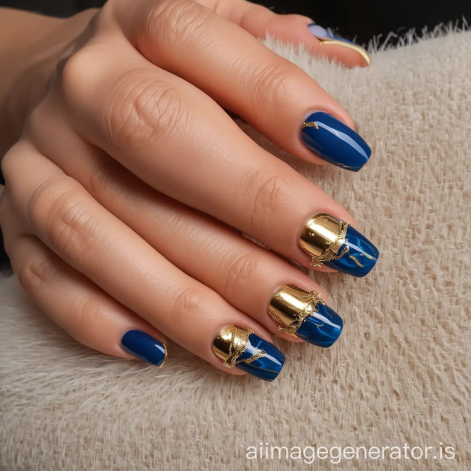 gold and blue trending French based nail art one hand, beautiful perfect long nails manicure photography
