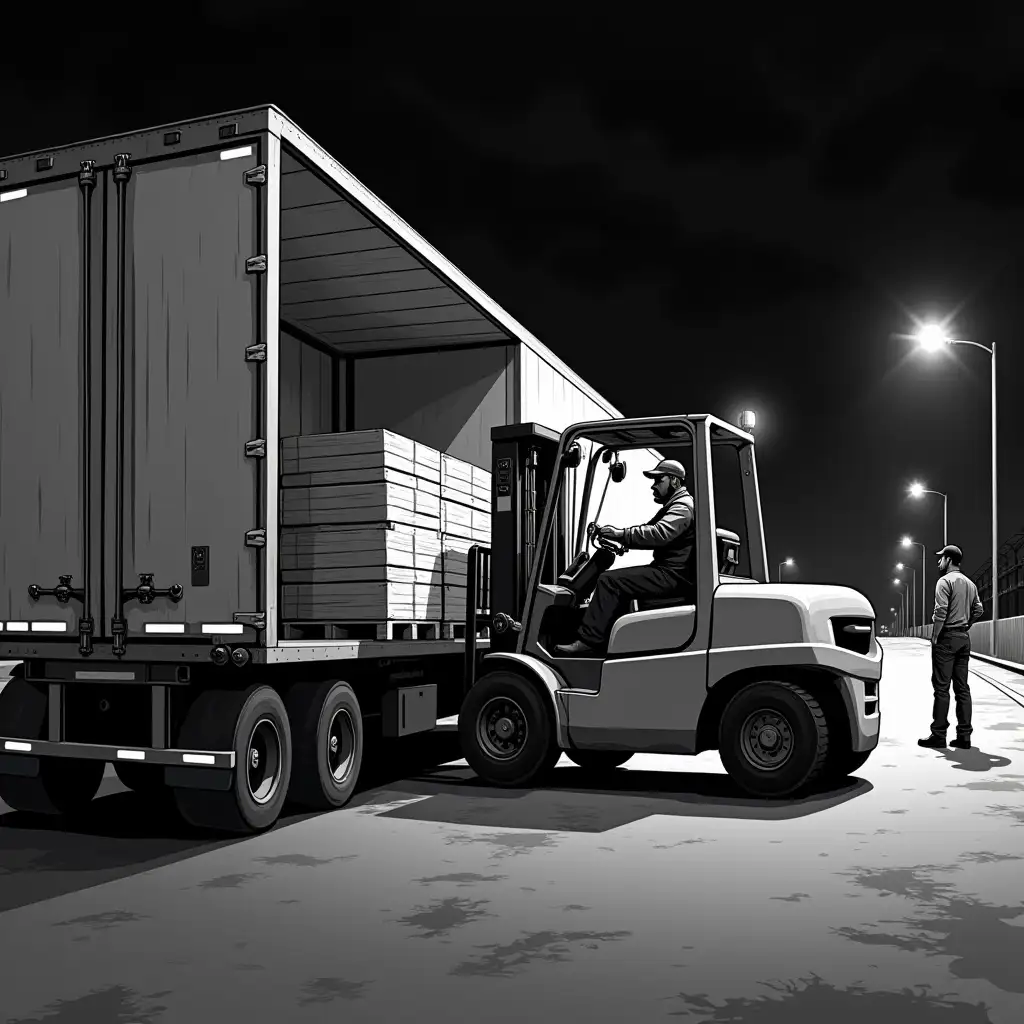 Forklift-Operator-Loading-Pallet-on-SemiTrailer-Truck-at-Night-with-Worker-Guide