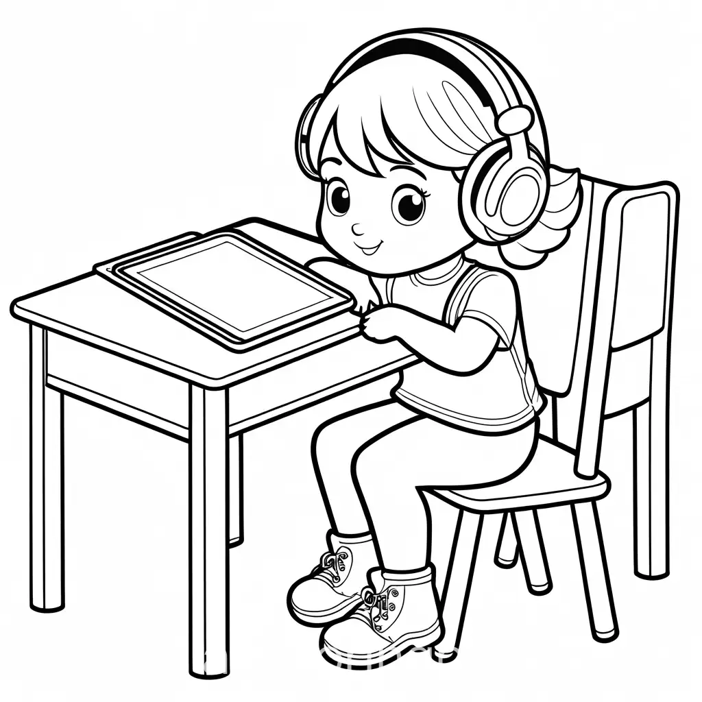 Preschool-Girl-Using-iPad-with-Headphones-Black-and-White-Coloring-Page