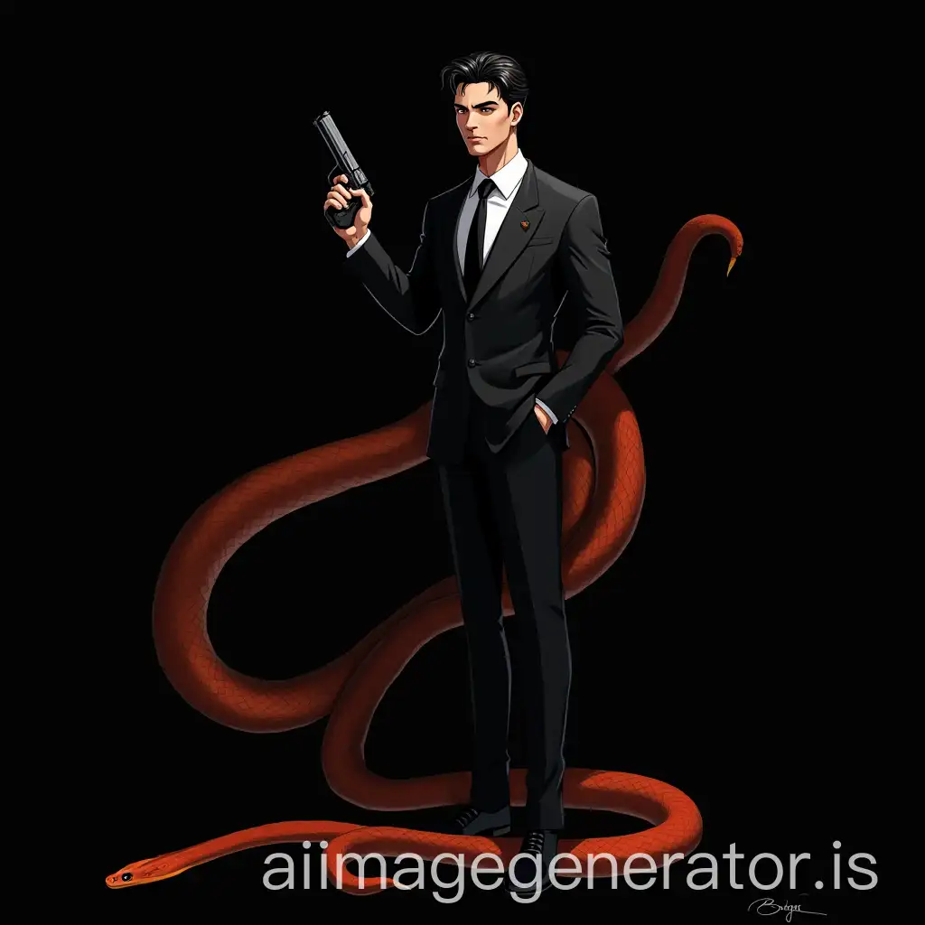 Villain-in-Black-Suit-with-Gun-and-Orange-Snake-on-Dark-Background