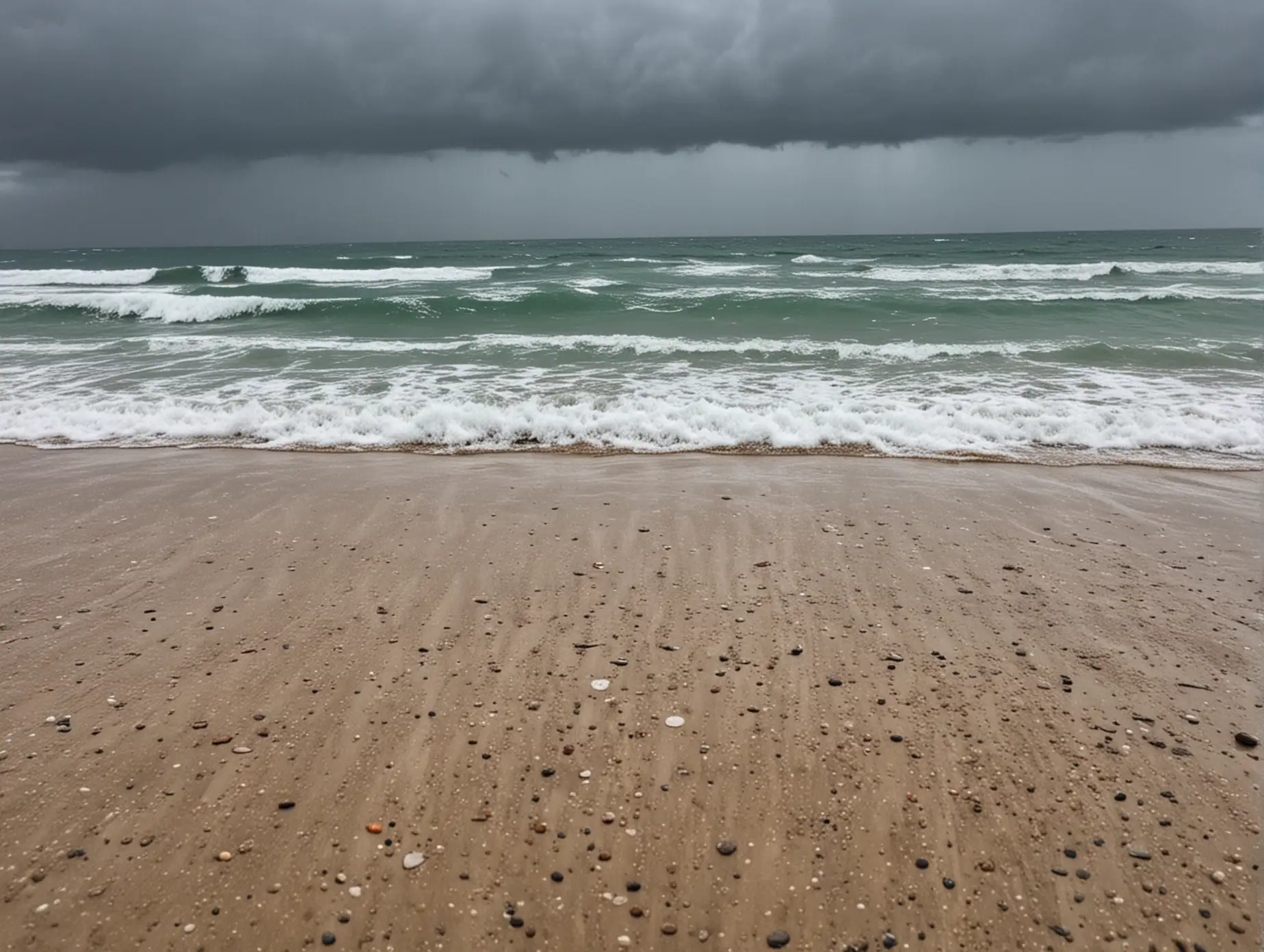 Rainy Beach Scene with Solitary Figure Walking