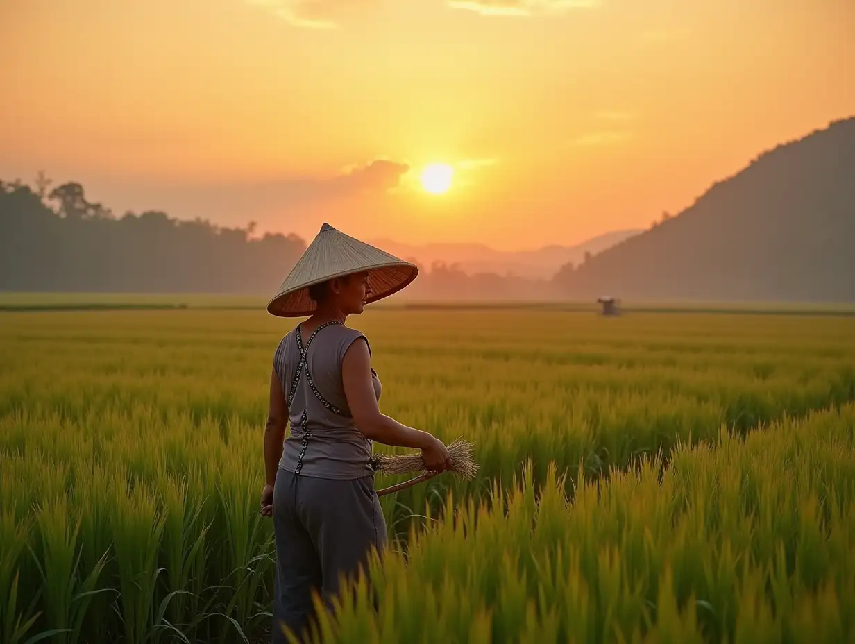 asian rice farmer, sunrise landscape