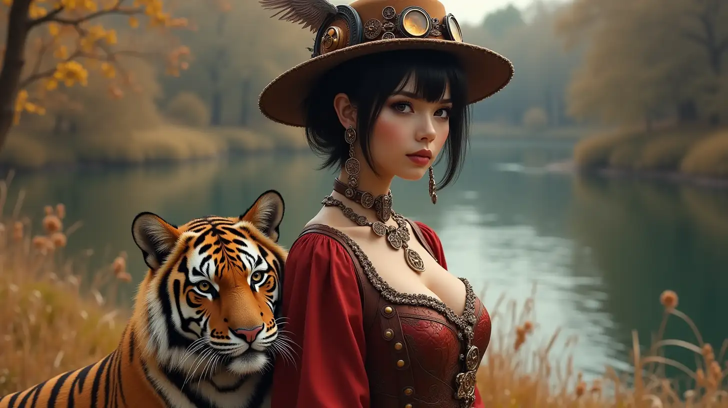 a beautiful steampunk busty thirty-year-old noble woman, with short black hair, big brown eyes, delicate steampunk jewelry, steampunk goggles, in a classical leather red and gold dress, with a steampunk hat walks with her tiger-baby near a river, many details, realistic style