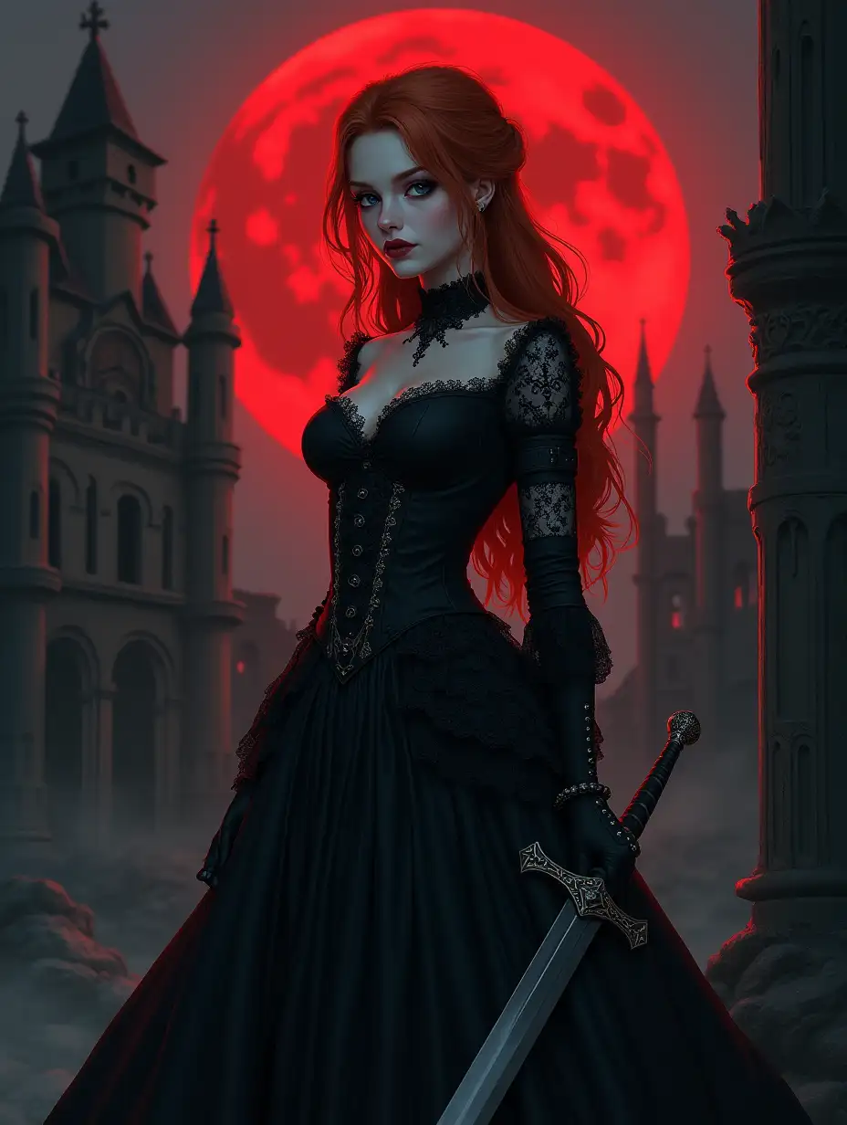 create Gothic art in the style of a dark fantasy anime, a gloomy girl posing against the ruins of a Gothic castle, vampire hunter, gothic victorian clothes with lace and armored elements, curvy, sexy, cross sword, middle plan, long ginger hair, gray eyes, against the background of a large bright red moon, detailed, cinematic, cold tones, masterpiece, trends, dynamic angle, by Artgerm and Magali Villeneuve