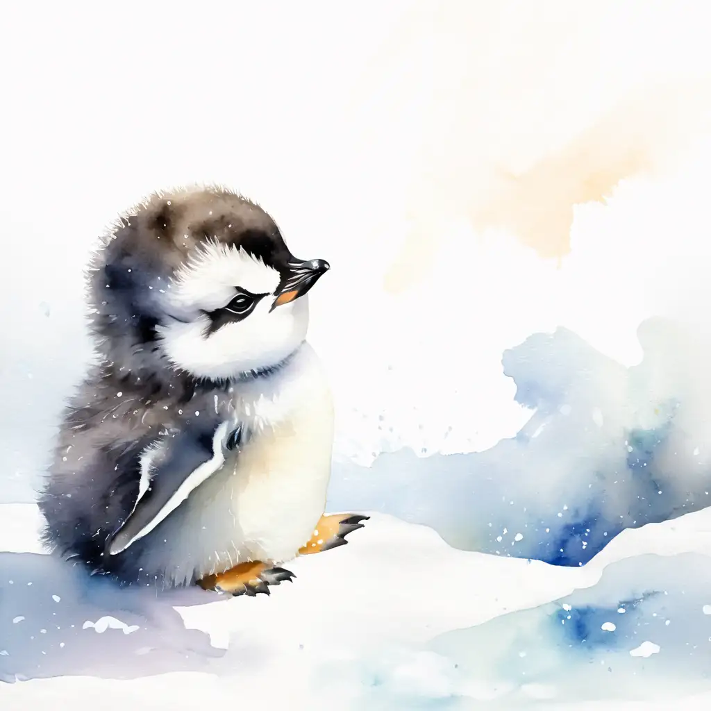 Adorable Baby Penguin Sitting on Snow with Watercolor Effect