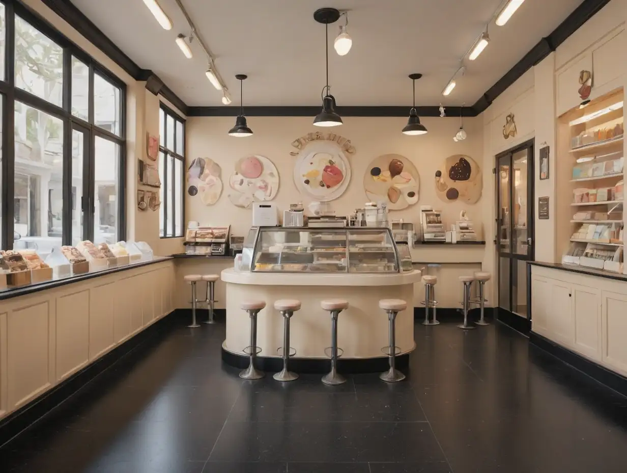 Cozy Ice Cream Shop Interior with Light Cream and Black Accents