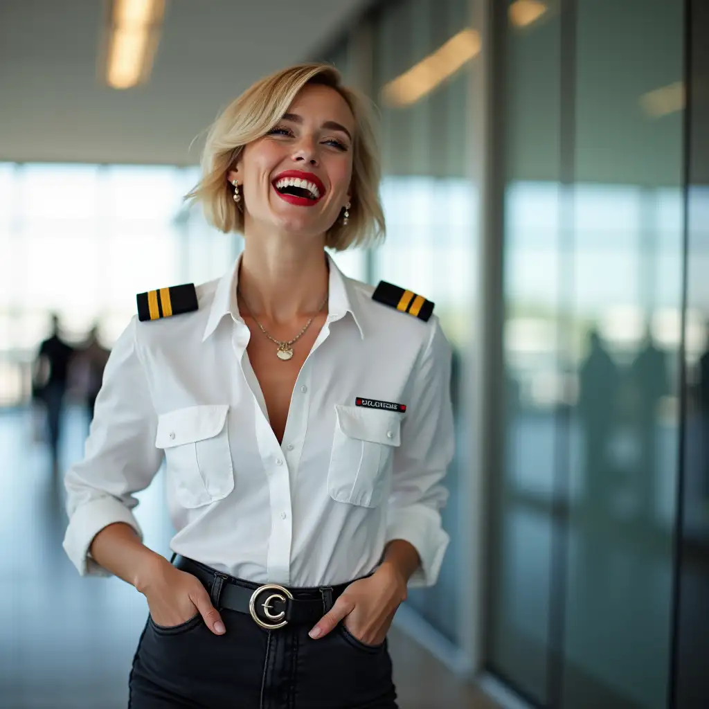 white norvegian pilot lady, in white deep-necked pilot shirt, laughing with her mouth open, red lipstick accentuating her smile,belt on waist, big wide hips, chest are fully grown, jewerly, short hair, HD, enjoing at airport , photo-realism