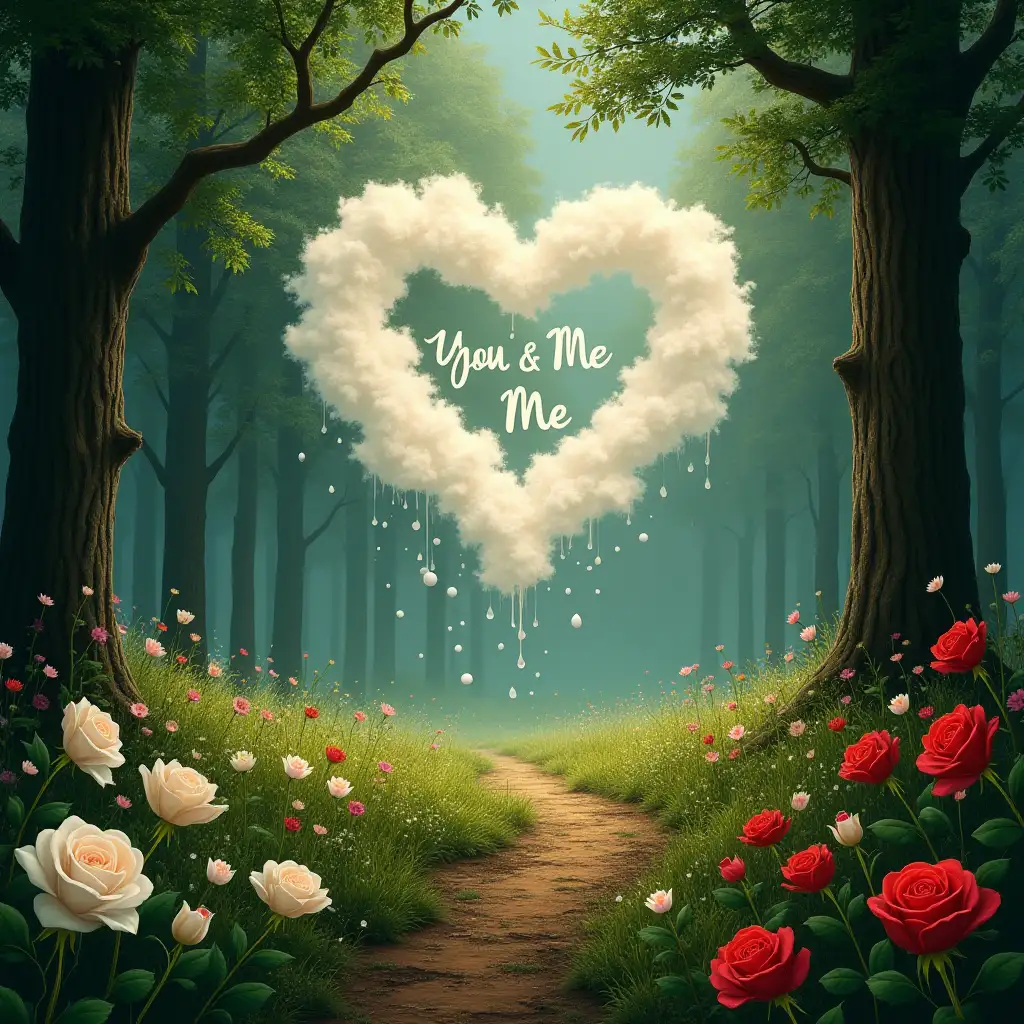 Beautiful trees, forest, trail, green grass, and dew on the ground, droplets falling from the sky in the form of hearts, and around many flowers of white and red roses and a heart made of clouds in the sky, with the inscription 'you and me' inside the heart, one united heart of love