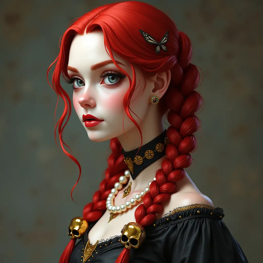 Princess red braids white hair with pearl necklace with black skulls,with golden shoes