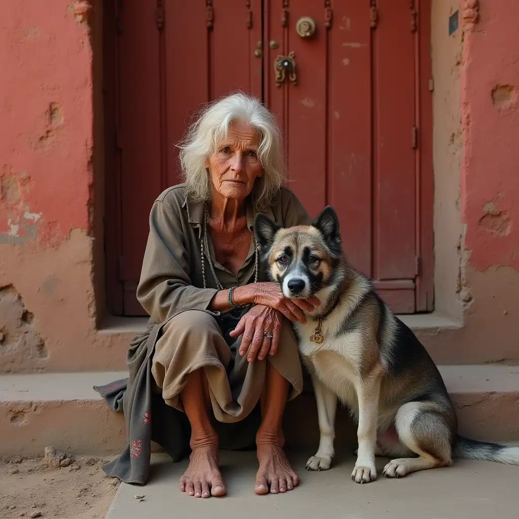 Elderly-Gypsy-Woman-with-Dog-in-Front-of-Rajasthans-Red-Wall