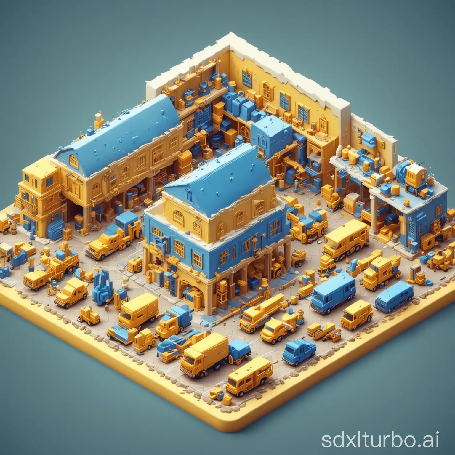 A Furniture Factory 3D icon, cartoon, clay, cute， glossy, smooth, glossy, blue, yellow, gradient, white background, highest detail, isometric view, HD, style expression