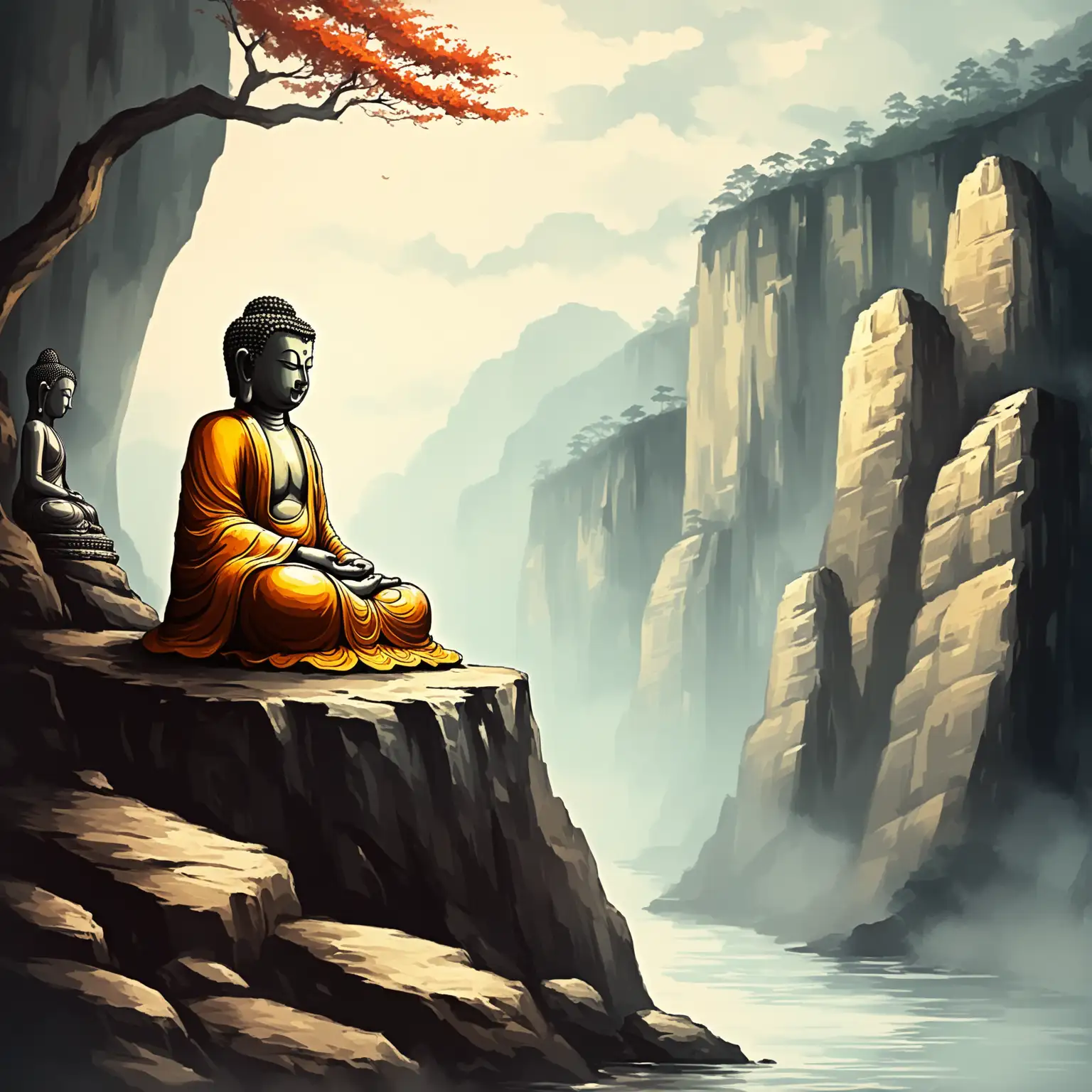 Buddha sits on a stone at the edge of a cliff. painting style